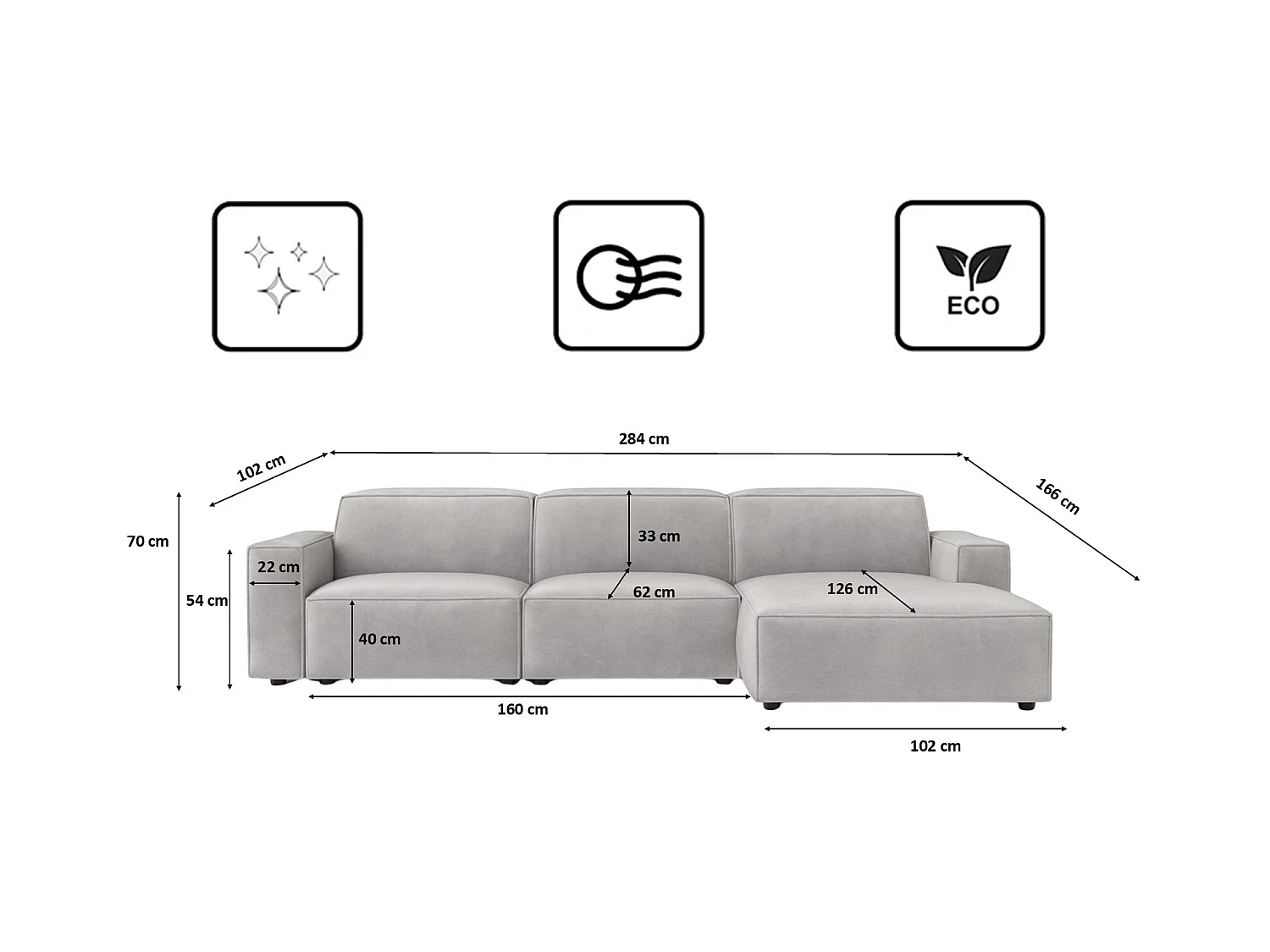 Canapé d'angle en L Cursal, tissu Salvador, gris, droit