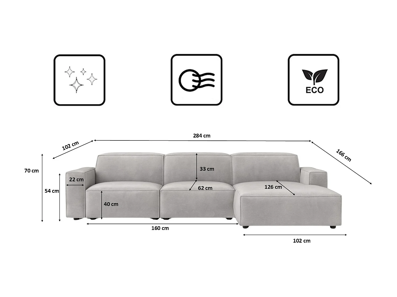 Canapé d'angle en L Cursal, tissu Salvador, gris, droit