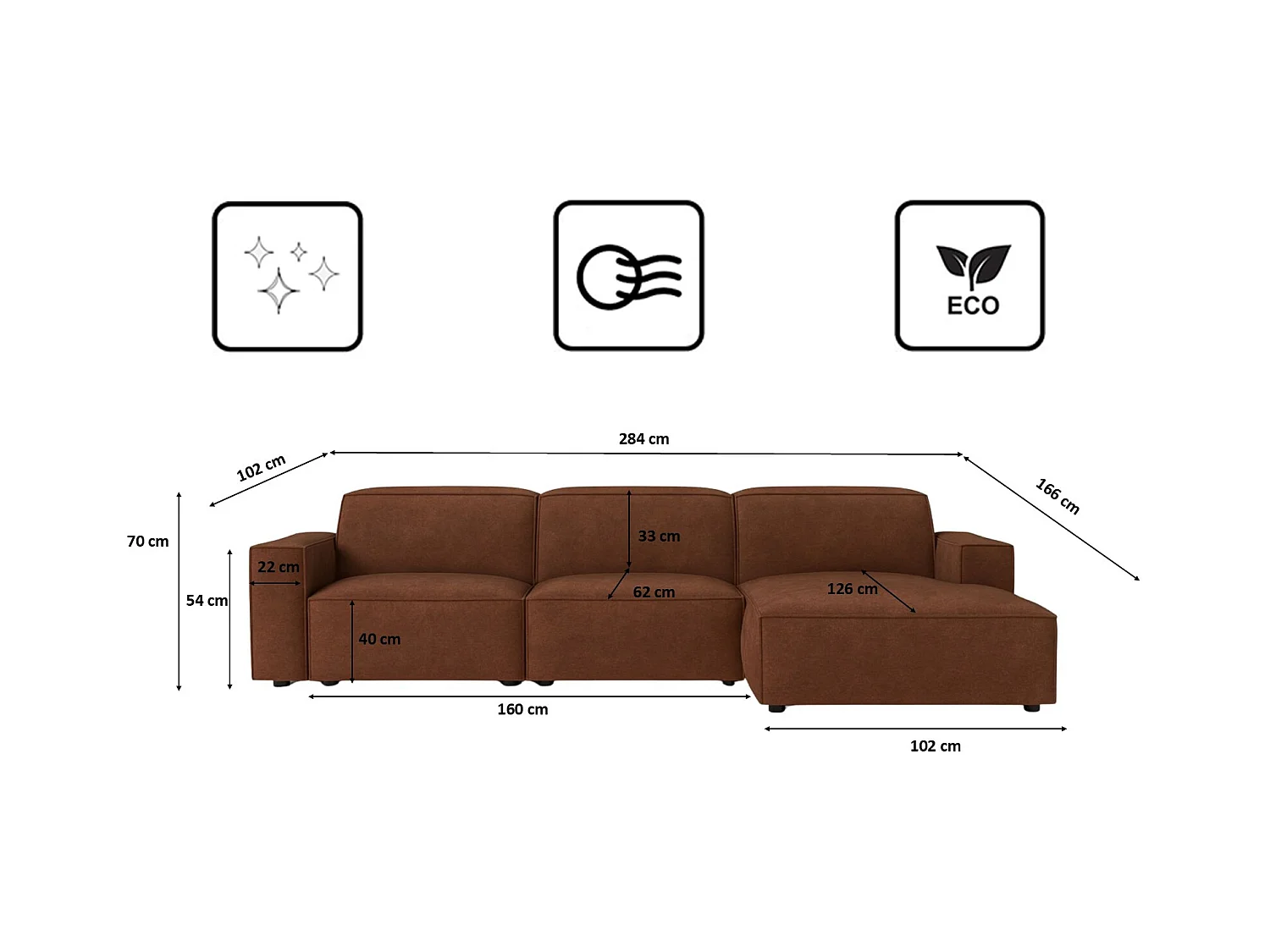 Canapé d'angle en L Cursal, tissu Salvador, marron foncé, droit