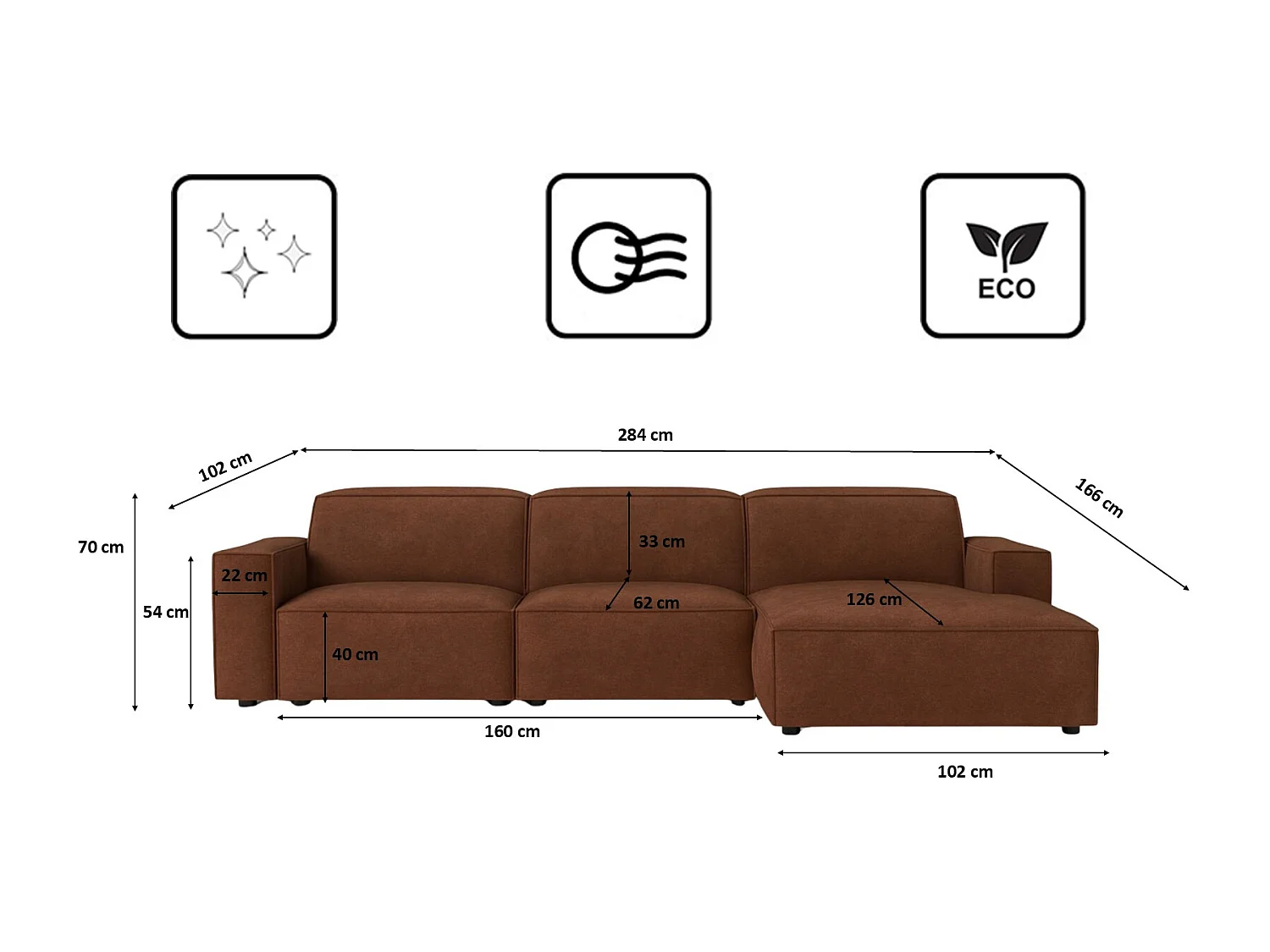 Canapé d'angle en L Cursal, tissu Salvador, marron foncé, droit