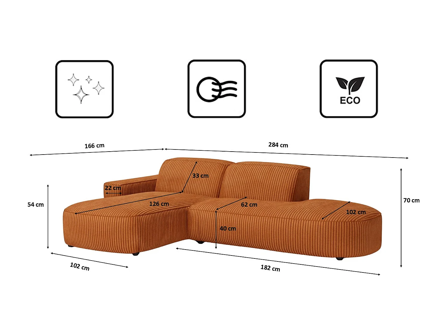 Canapé d'angle Cursal Atelier, tissu Poso, cuivre, gauche