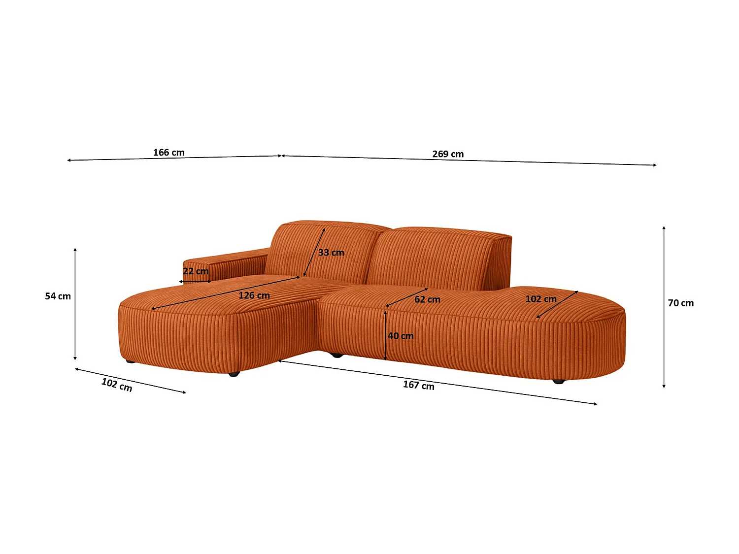 Canapé d'angle Cursal Atelier, tissu Poso, cuivre, gauche