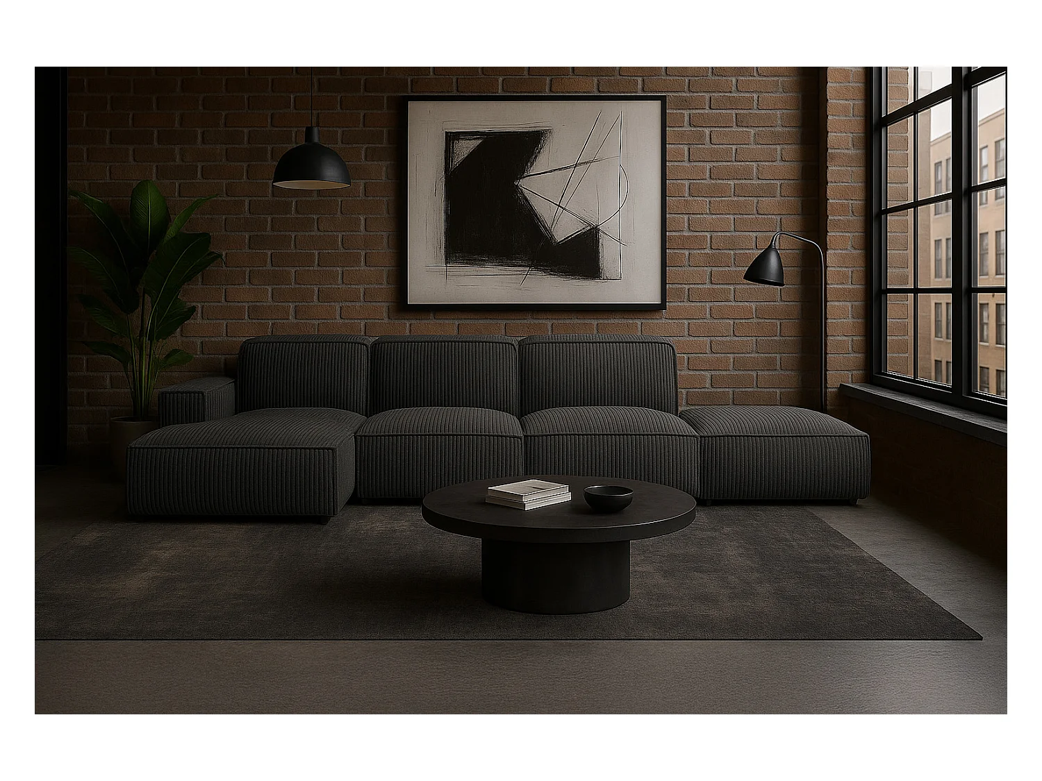 Canapé d'angle en L + tabouret Cursal, tissu Poso, gris, gauche