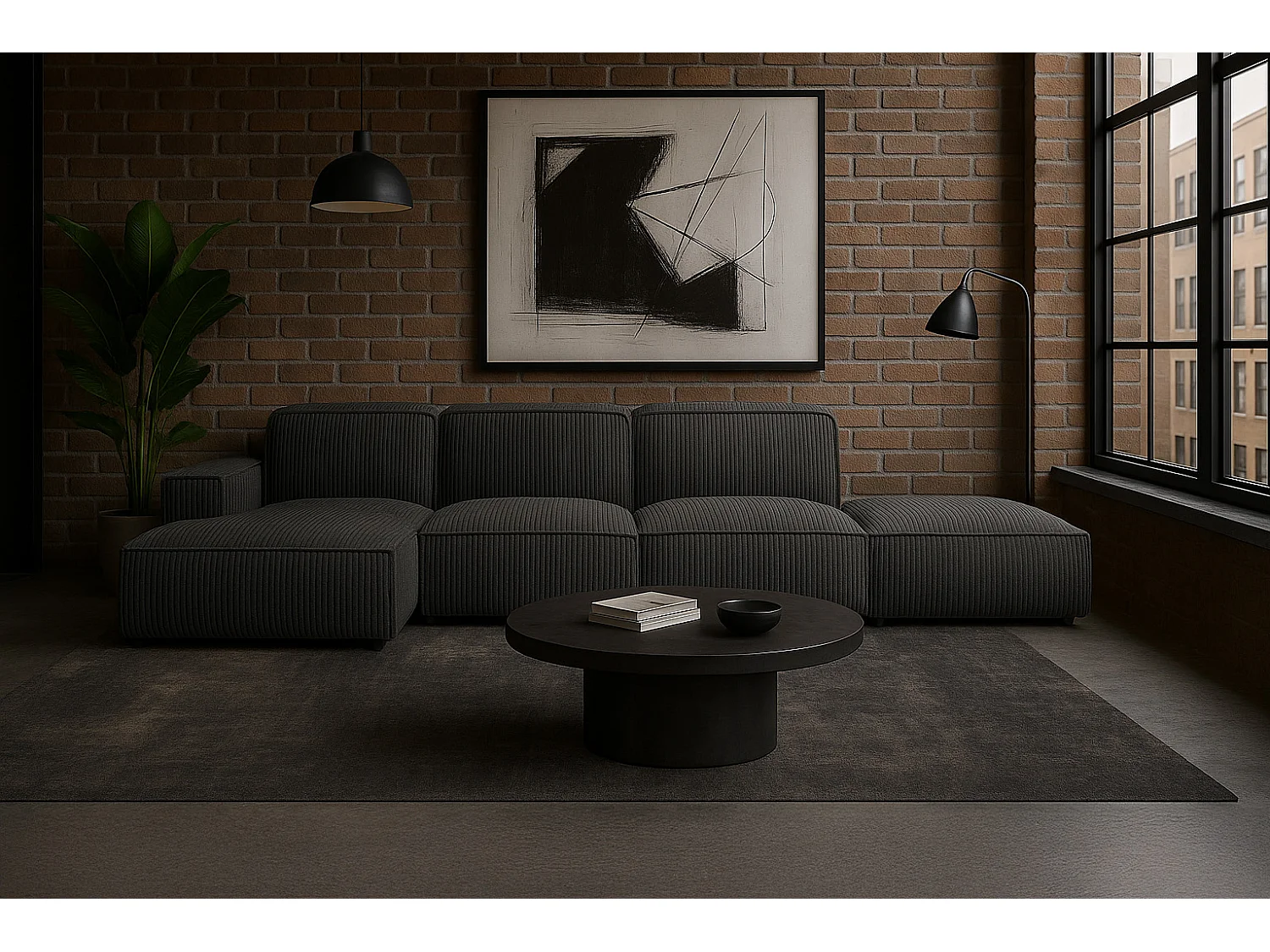 Canapé d'angle en L + tabouret Cursal, tissu Poso, gris, gauche