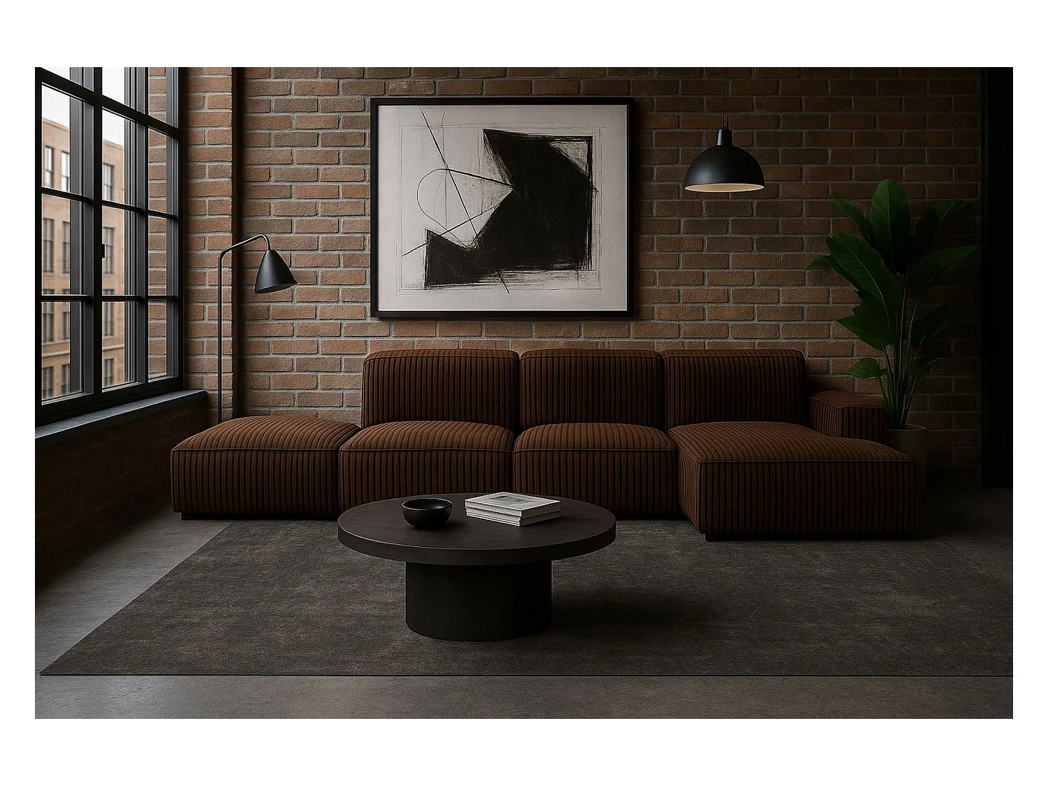 Canapé d'angle en L + tabouret Cursal, tissu Poso, marron, droit