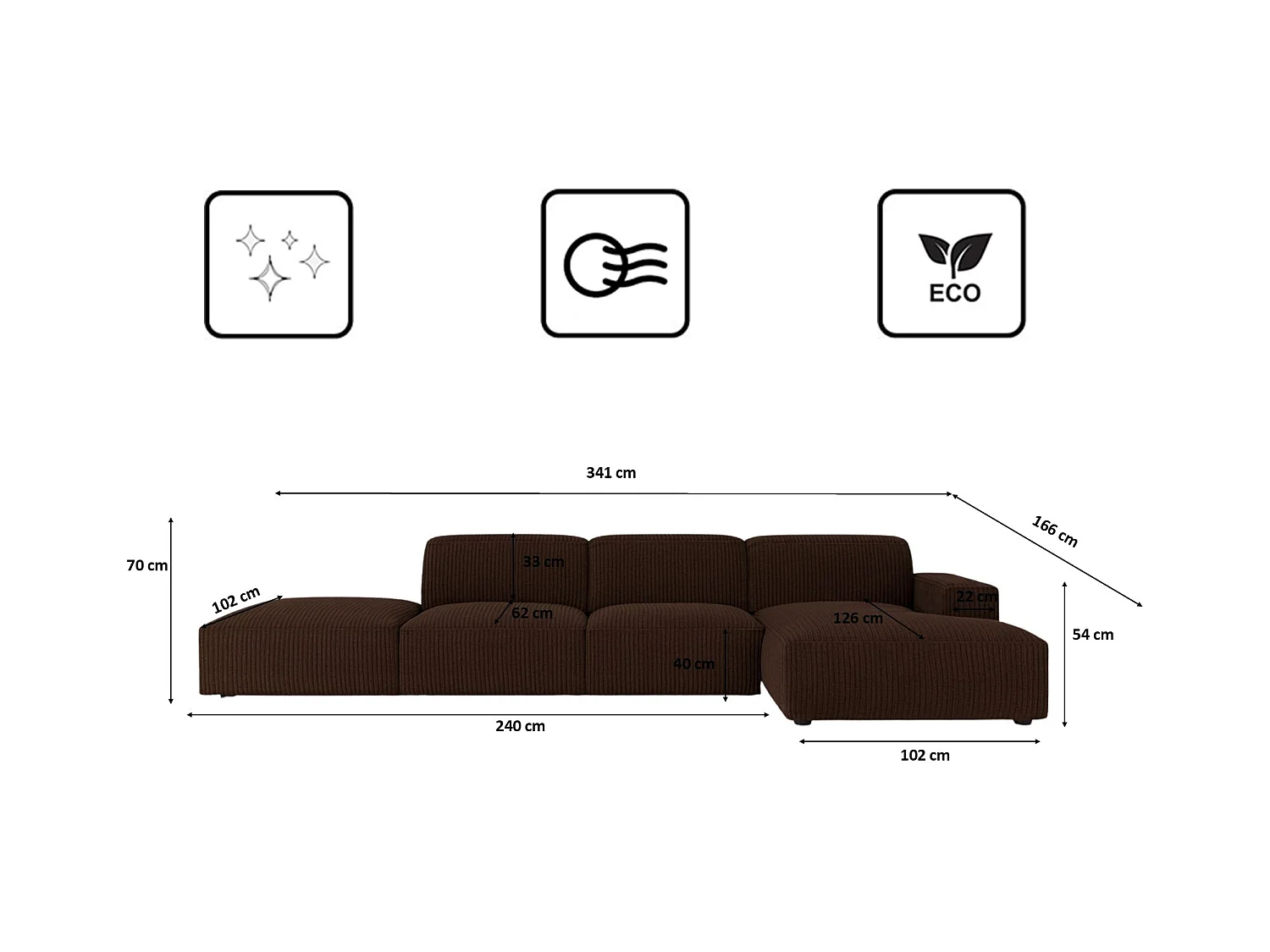 Canapé d'angle en L + tabouret Cursal, tissu Poso, marron, droit