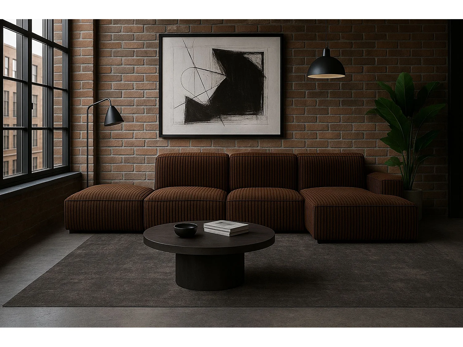 Canapé d'angle en L + tabouret Cursal, tissu Poso, marron, droit