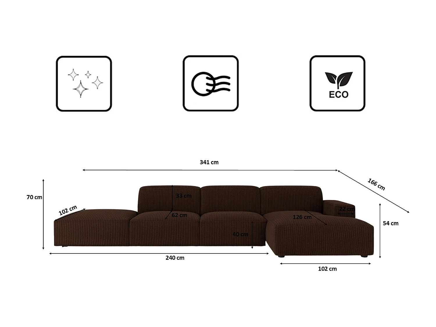 Canapé d'angle en L + tabouret Cursal, tissu Poso, marron, droit
