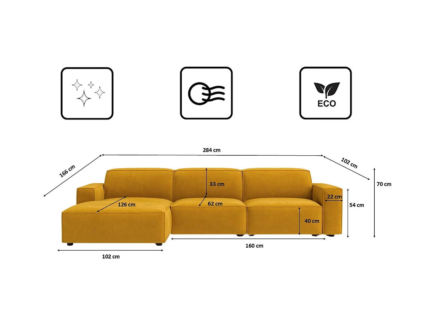 Ecksofa L-Form Cursal, Stoff Salvador, Gelb, Links