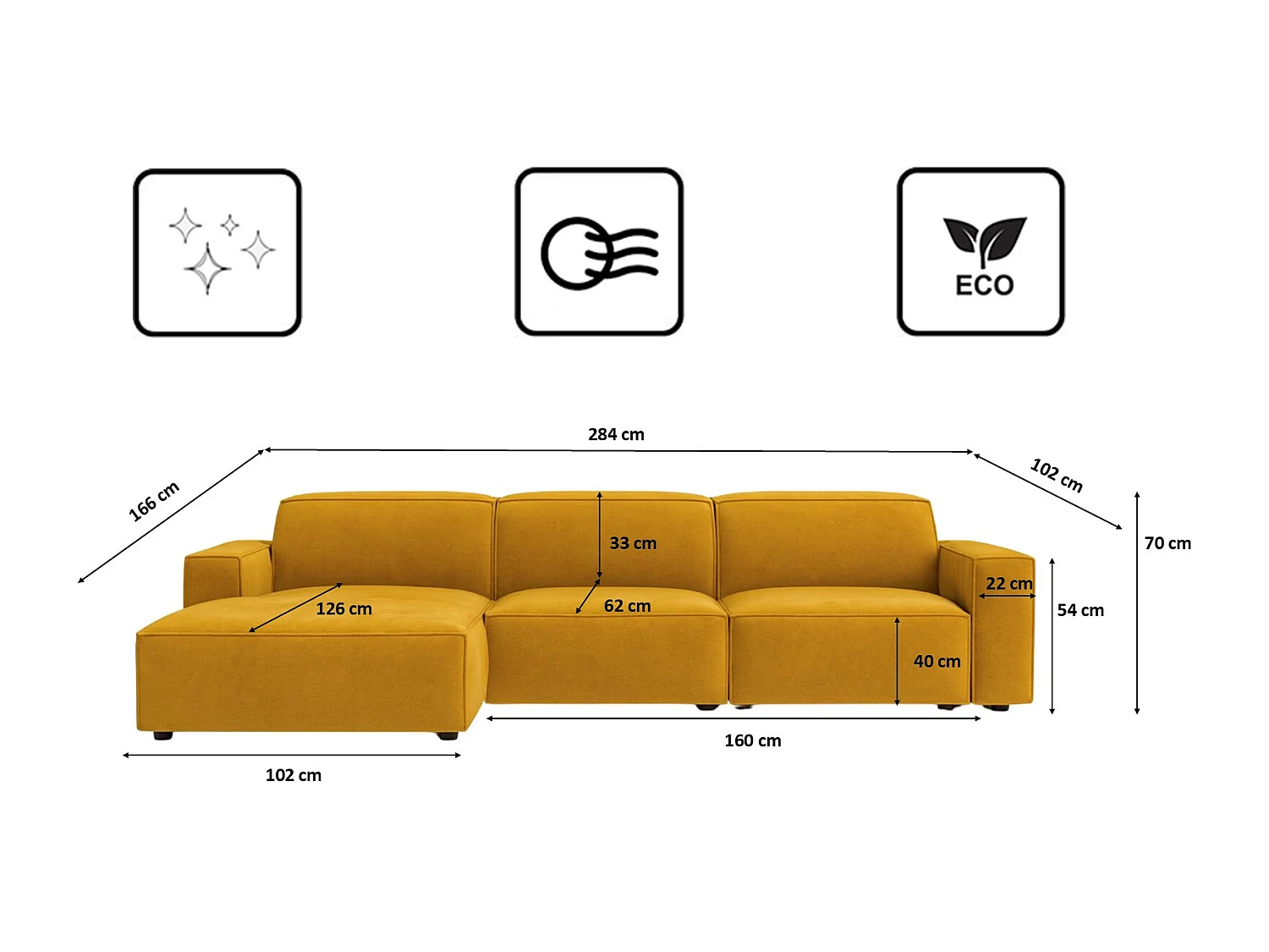 Canapé d'angle en L Cursal, tissu Salvador, jaune, gauche