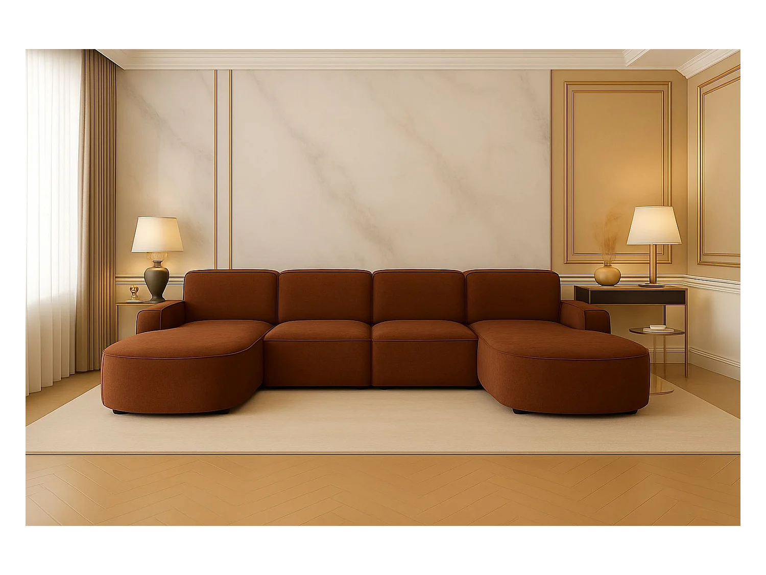 Canapé d'angle en U Round Cursal, tissu Salvador, marron foncé