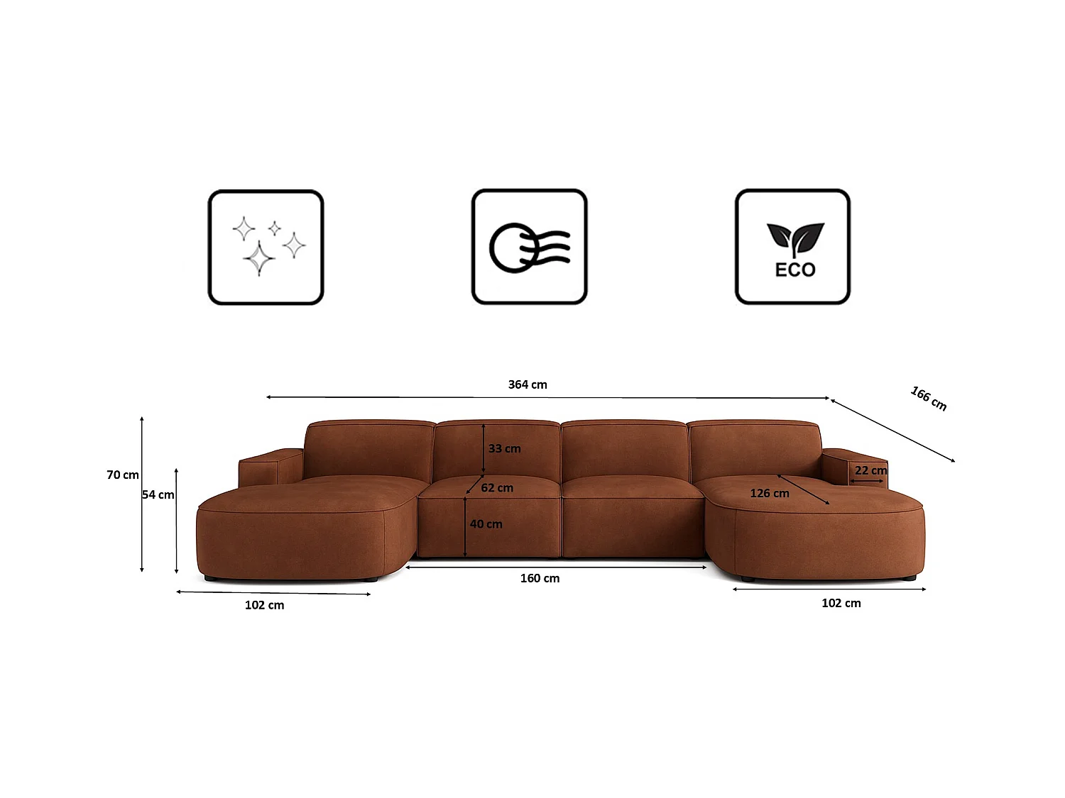 Canapé d'angle en U Round Cursal, tissu Salvador, marron foncé
