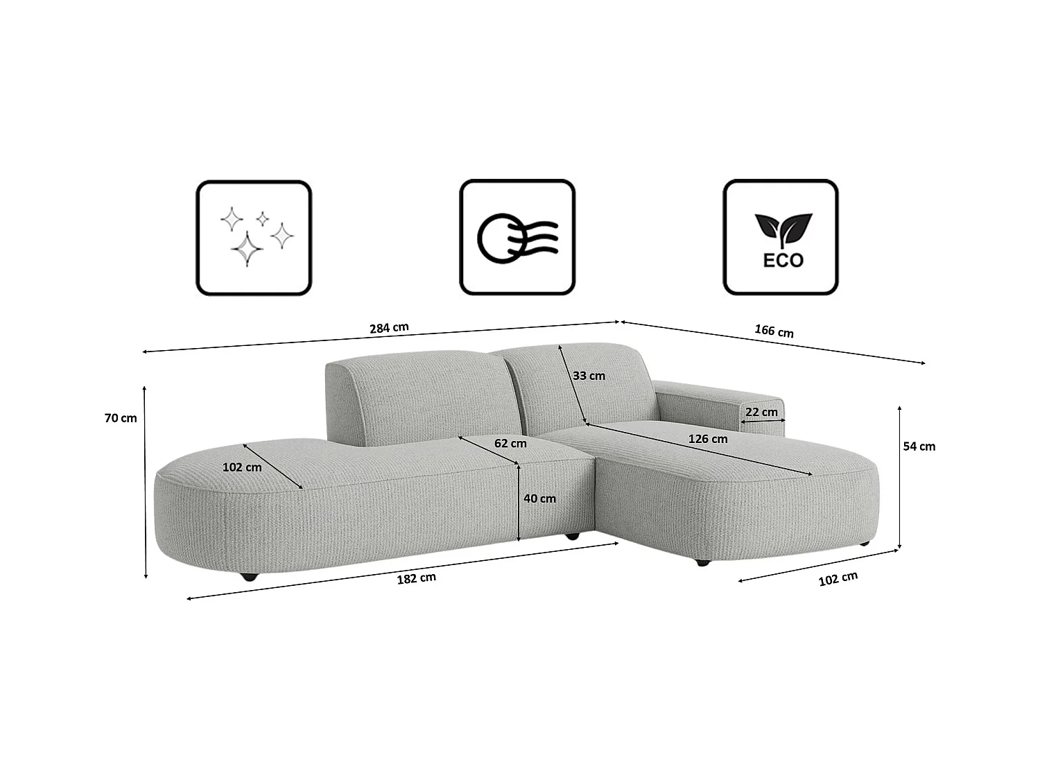 Divano angolare Cursal Atelier, tessuto Artico, Cemento, destra