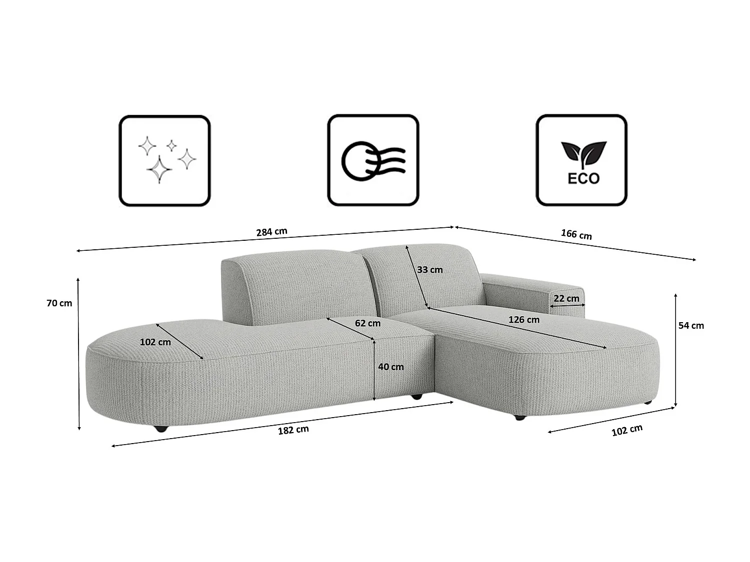 Ecksofa Cursal Atelier, Stoff Artico, Cement, Rechts