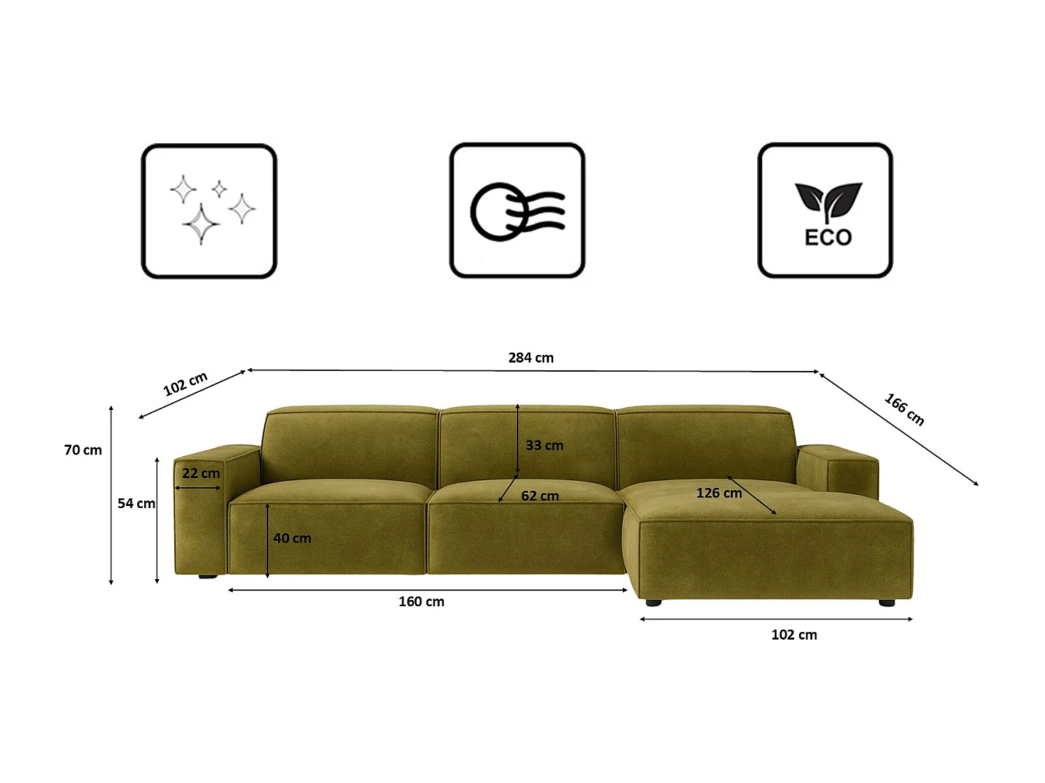 Canapé d'angle en L Cursal, tissu Salvador, olive, droit