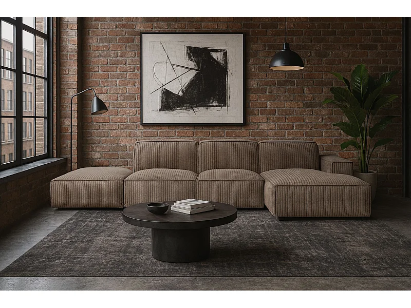 Canapé d'angle en L + tabouret Cursal, tissu Poso, beige foncé, droit