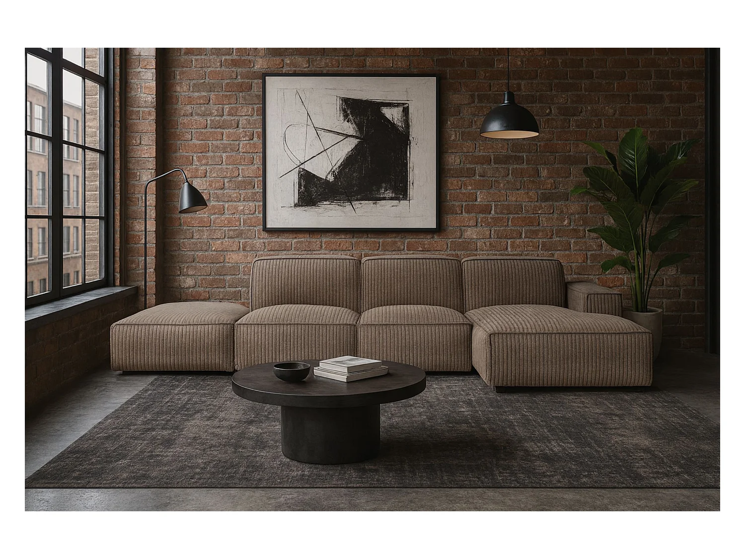 Canapé d'angle en L + tabouret Cursal, tissu Poso, beige foncé, droit