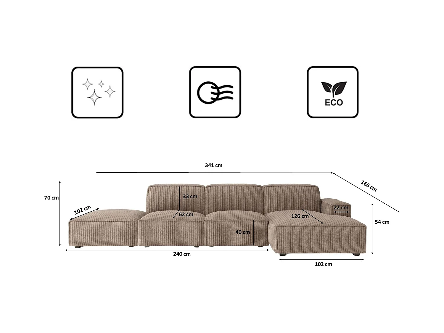 Canapé d'angle en L + tabouret Cursal, tissu Poso, beige foncé, droit