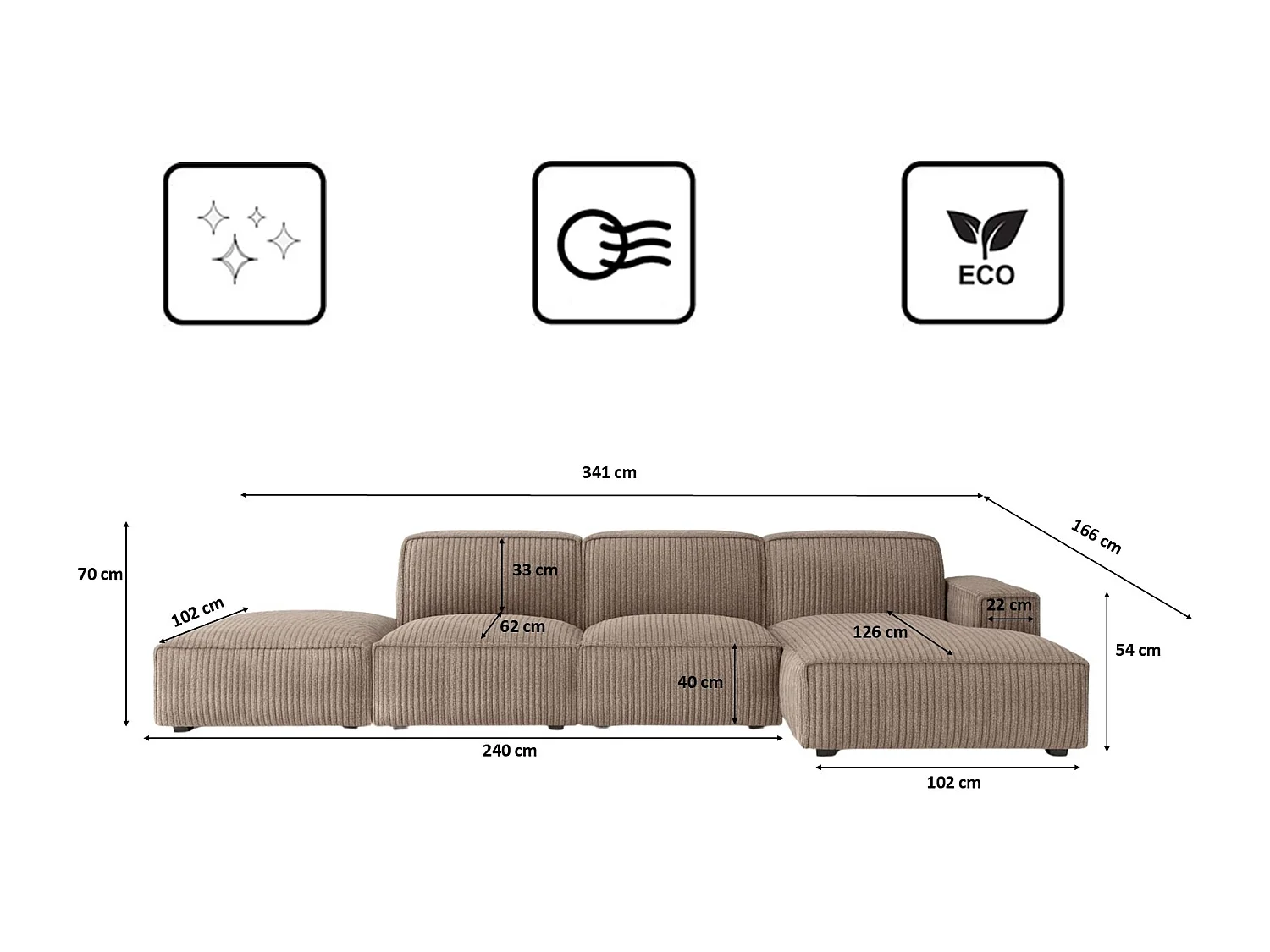 Canapé d'angle en L + tabouret Cursal, tissu Poso, beige foncé, droit