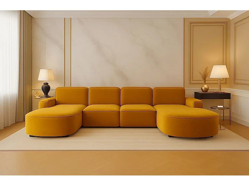 Ecksofa U-Form Round Cursal, Stoff Salvador, Gelb