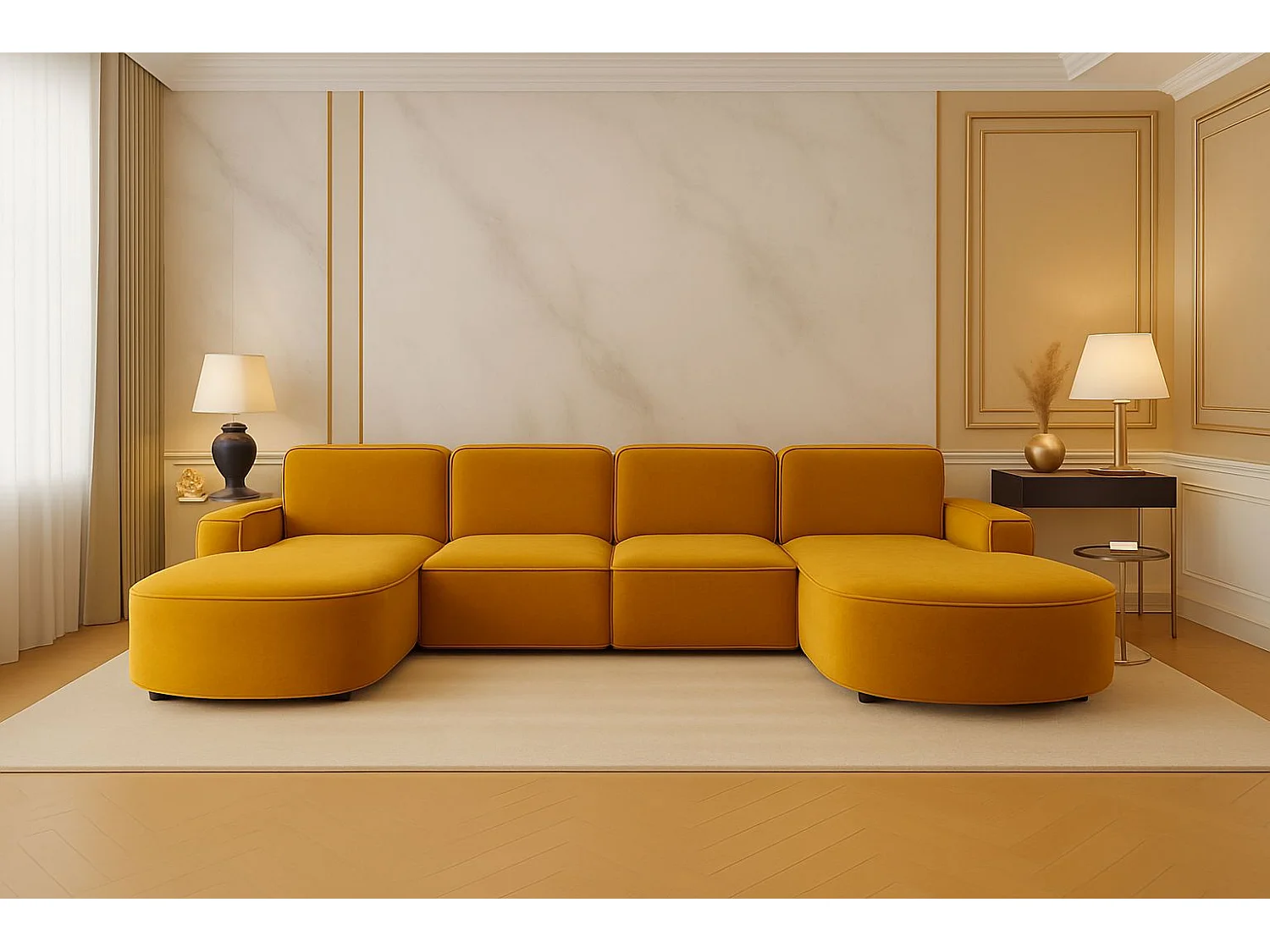 Ecksofa U-Form Round Cursal, Stoff Salvador, Gelb