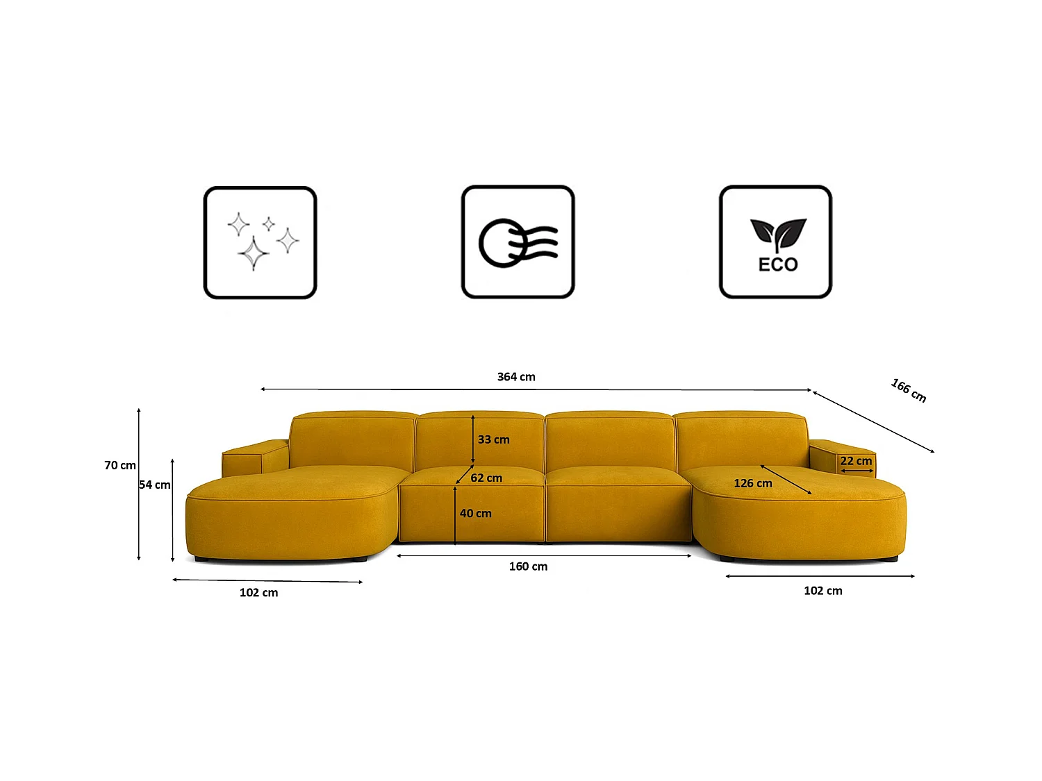 Ecksofa U-Form Round Cursal, Stoff Salvador, Gelb