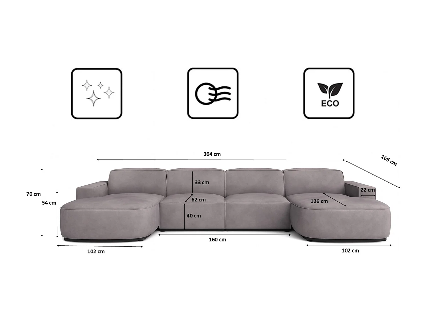 Canapé d'angle en U Round Cursal, tissu Salvador, gris