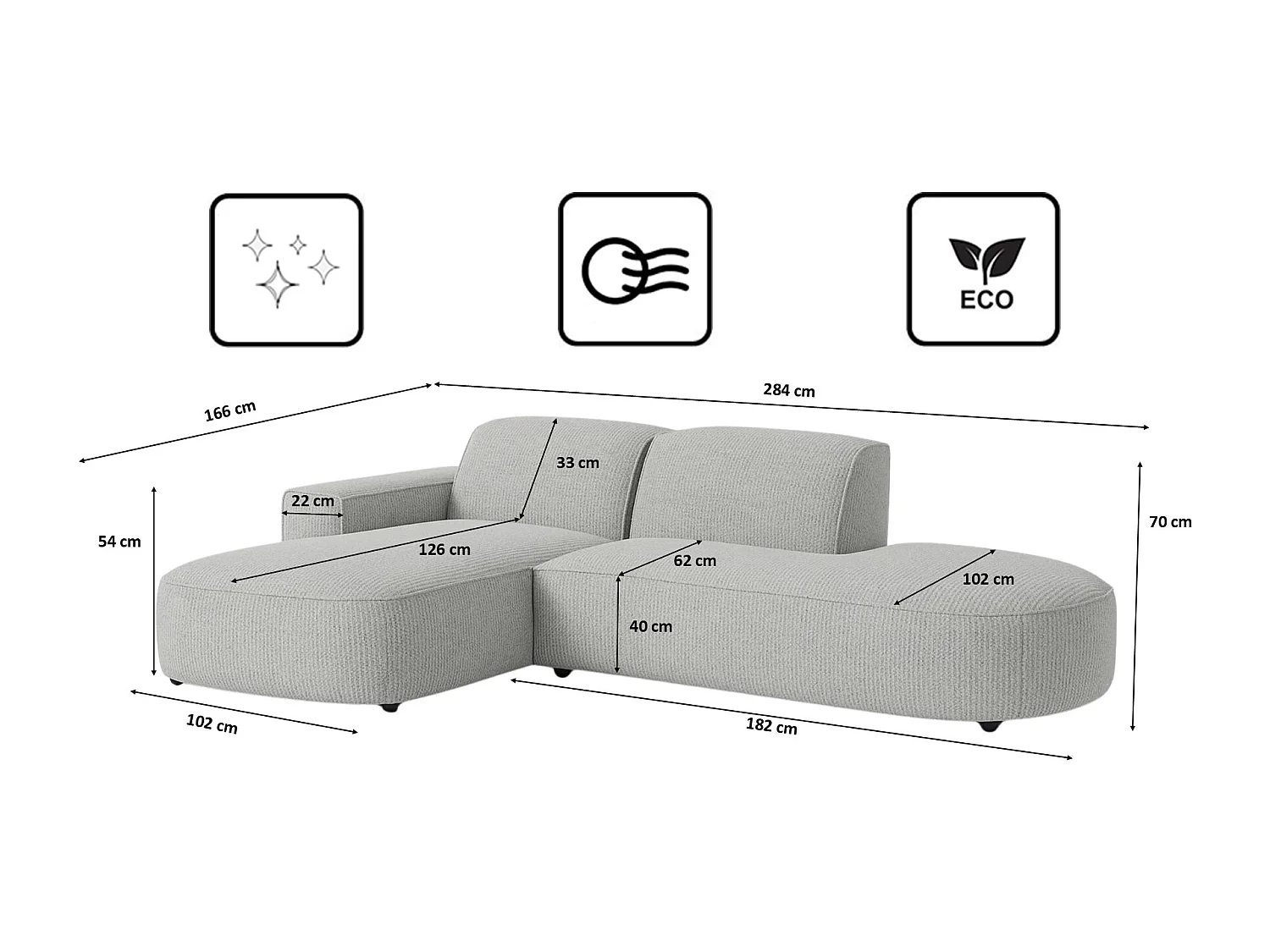 Canapé d'angle Cursal Atelier, tissu Artico, ciment, gauche