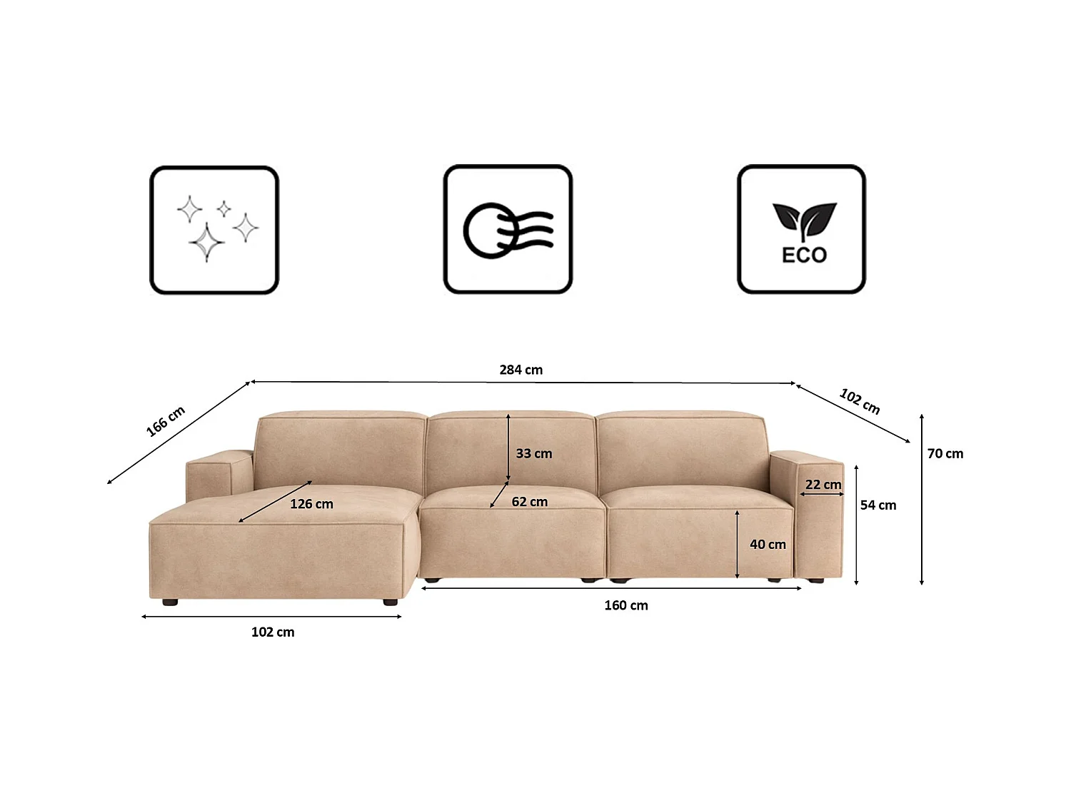 Canapé d'angle en L Cursal, tissu Salvador, beige, gauche