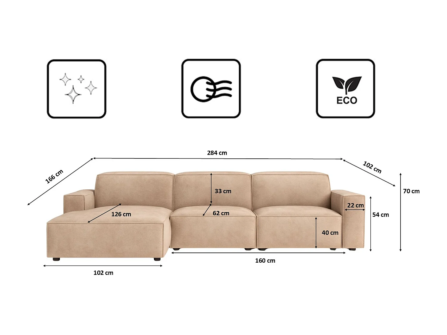 Canapé d'angle en L Cursal, tissu Salvador, beige, gauche