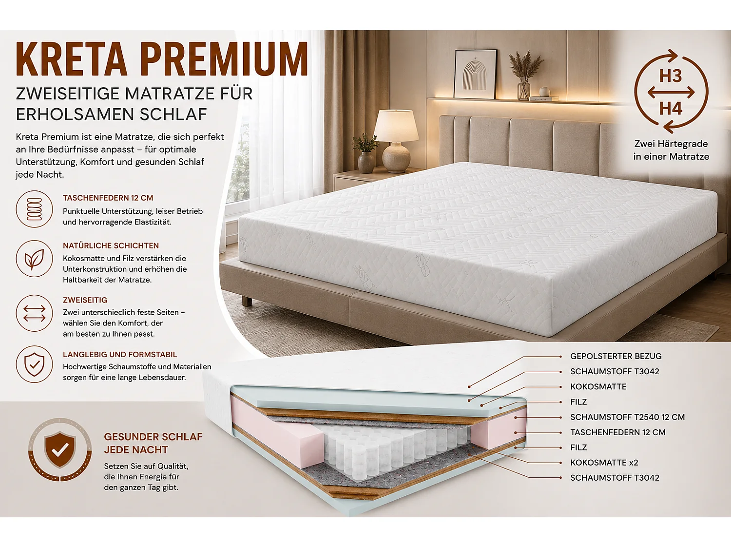 Matelas à poches KRETA PREMIUM, 120x200 cm, H3/H4