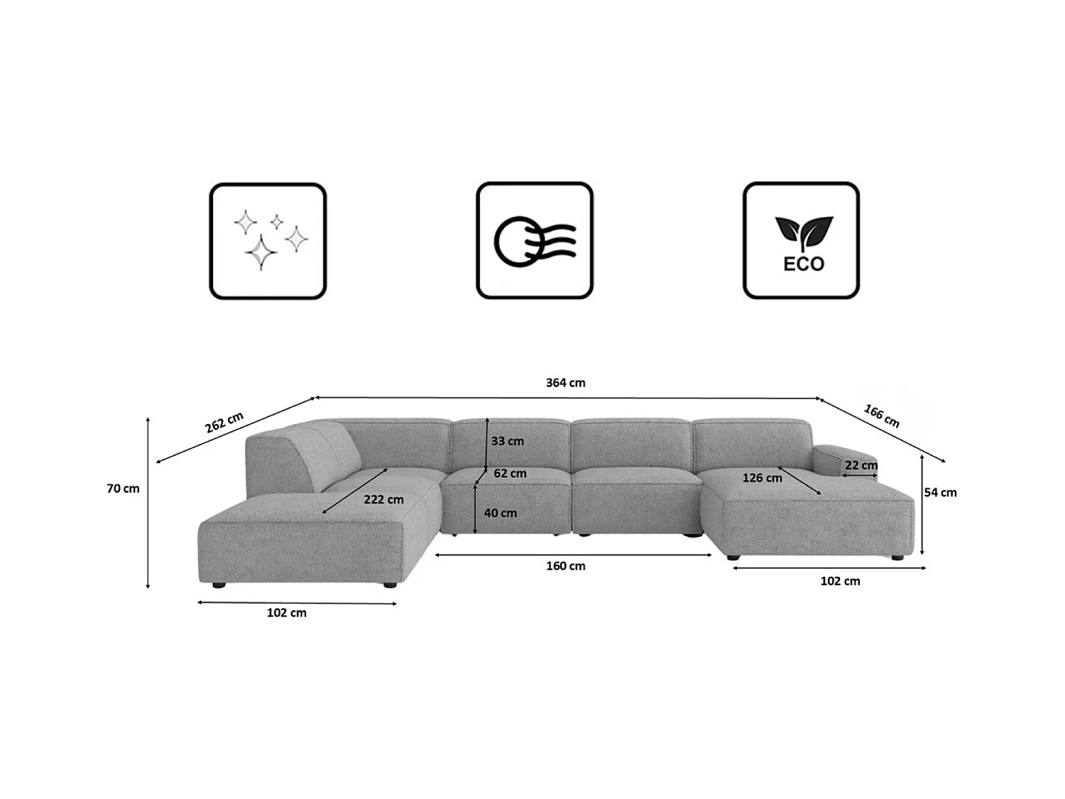 Ecksofa U-Form Cursal V, Stoff Artico, Cement, Links