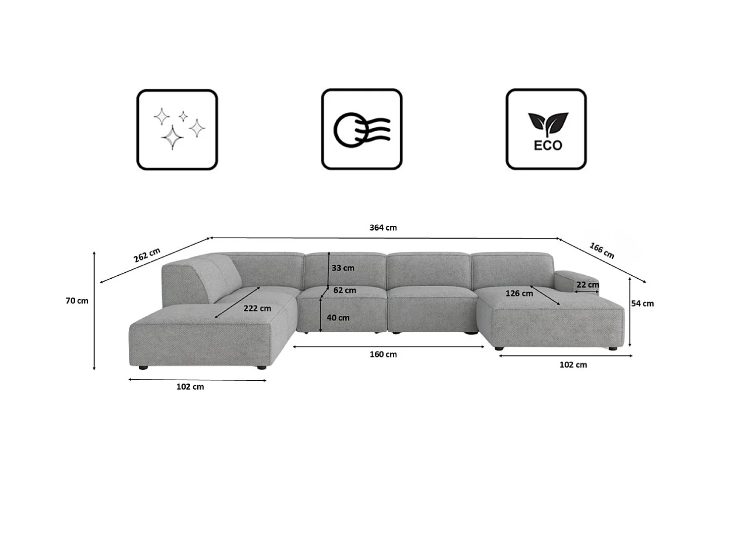 Canapé d'angle en U Cursal V, tissu Artico, Ciment, gauche