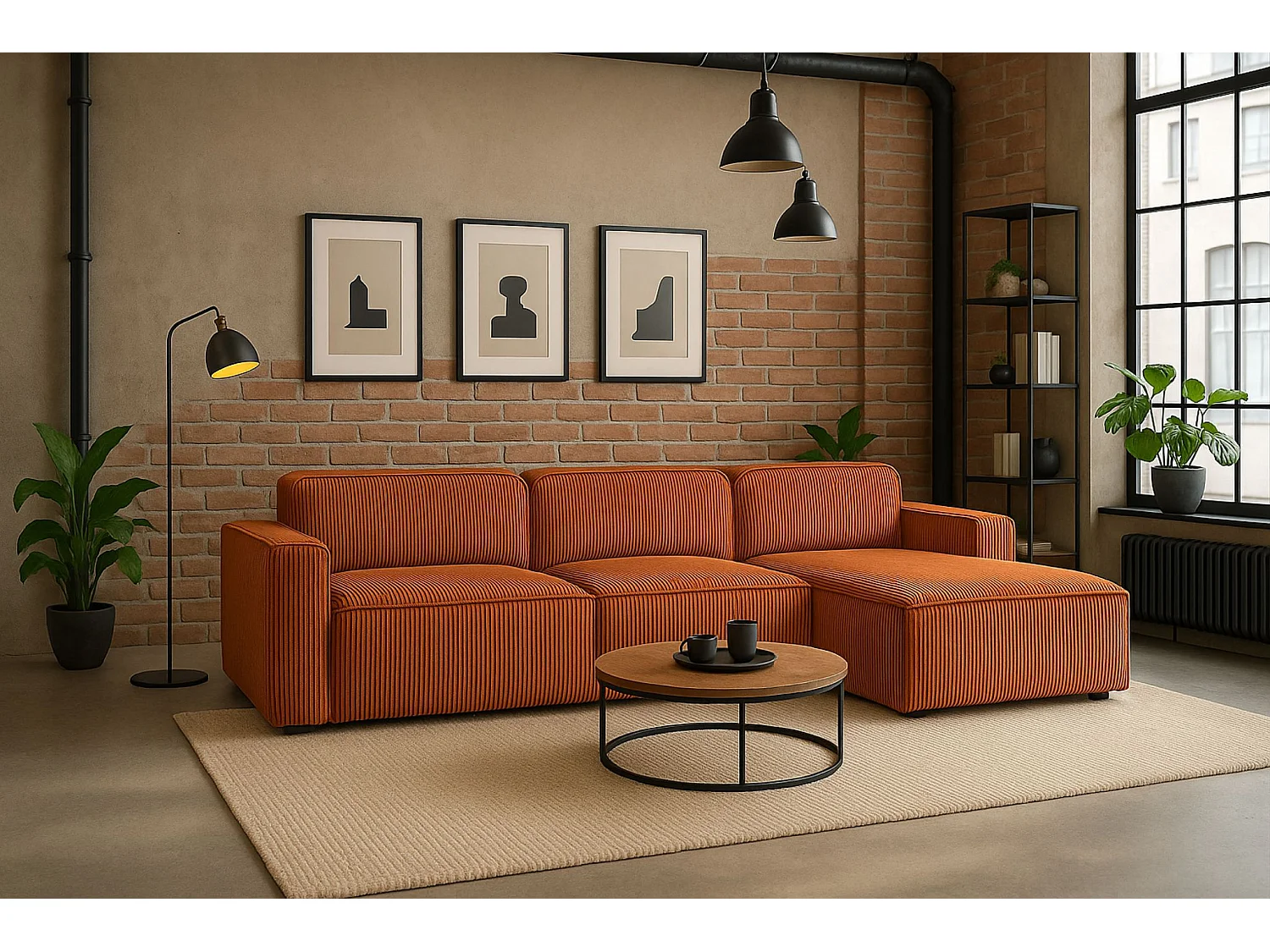 Divano angolare a L Cursal, tessuto Poso, rame, destra