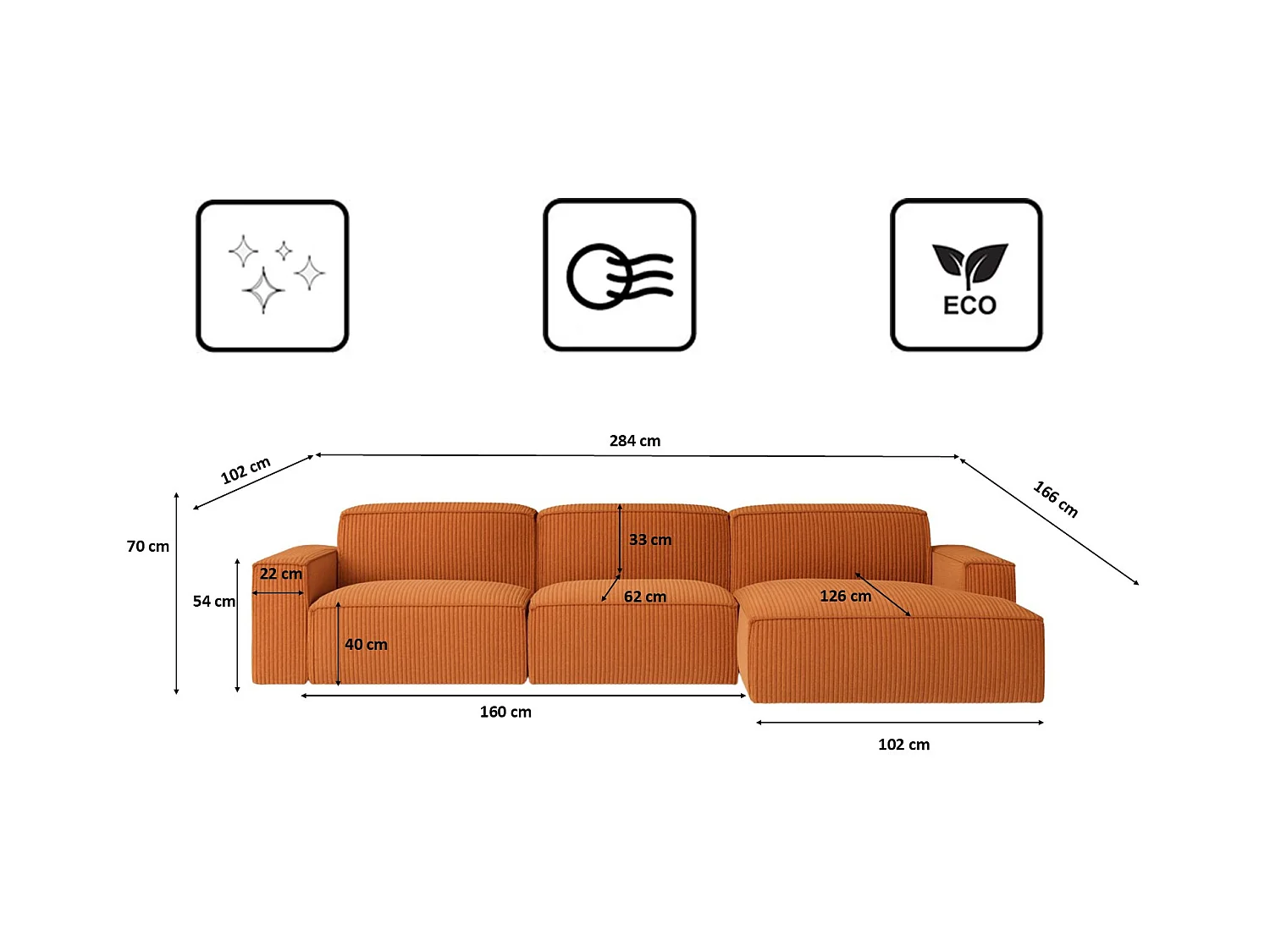 Divano angolare a L Cursal, tessuto Poso, rame, destra