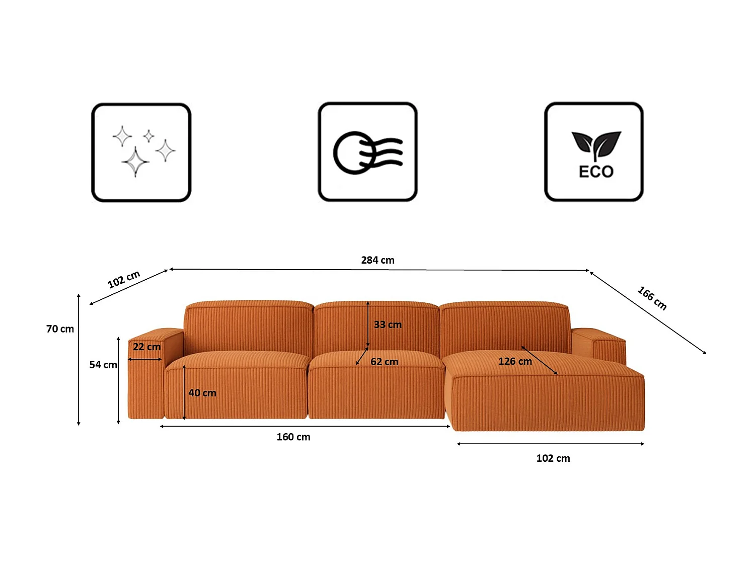 Canapé d'angle en L Cursal, tissu Poso, cuivre, droit
