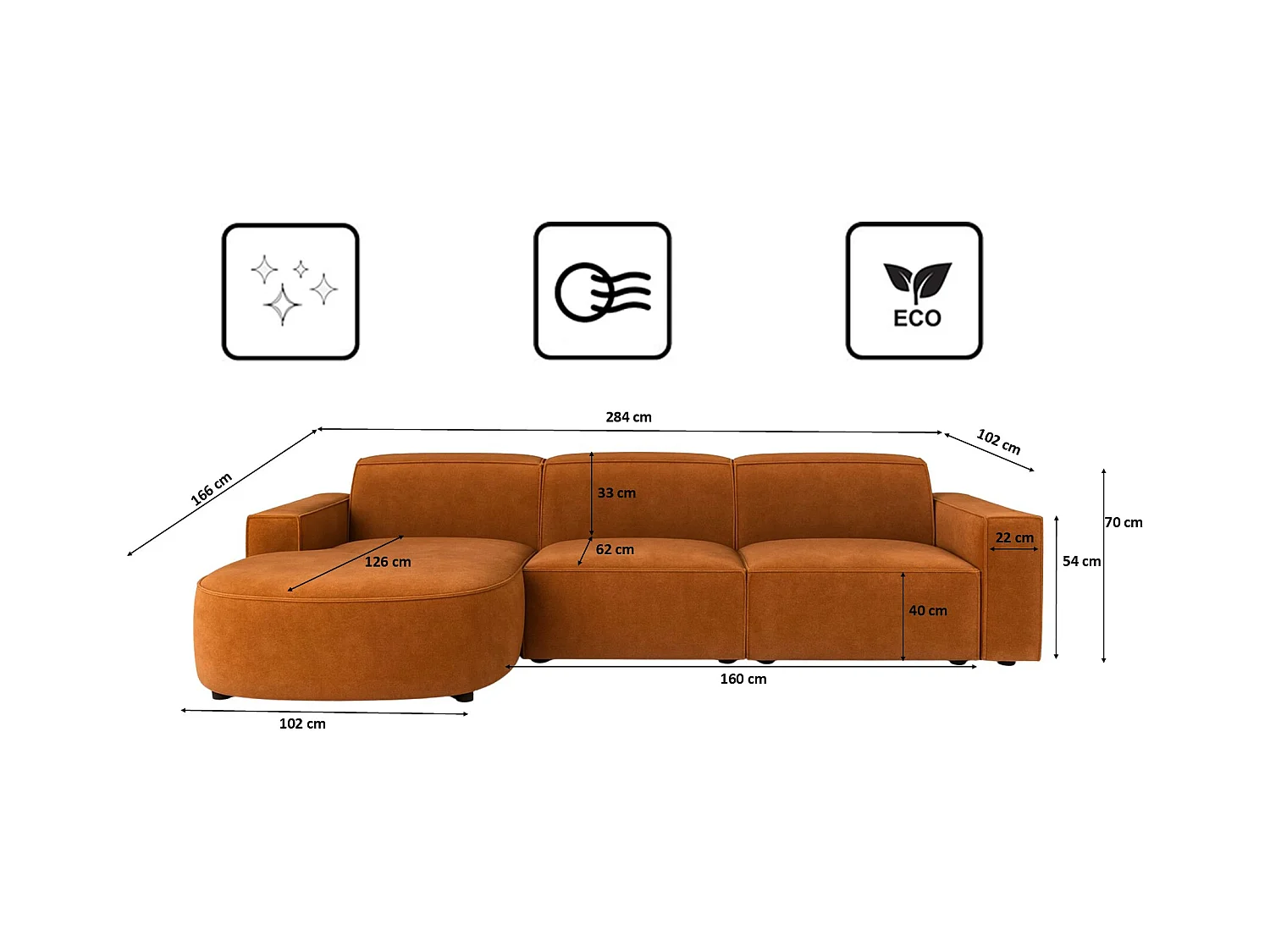 Canapé d'angle en L Round Cursal, tissu Salvador, marron, gauche