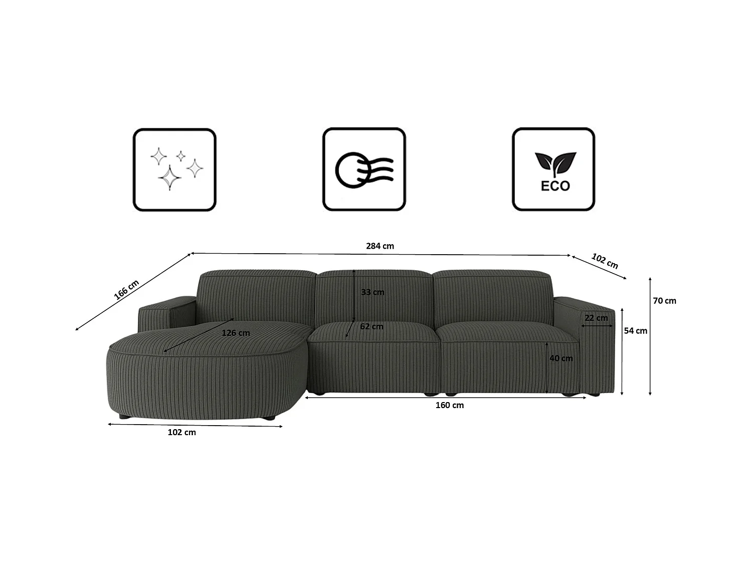 Divano angolare a L Round Cursal, tessuto Poso, grigio, sinistro