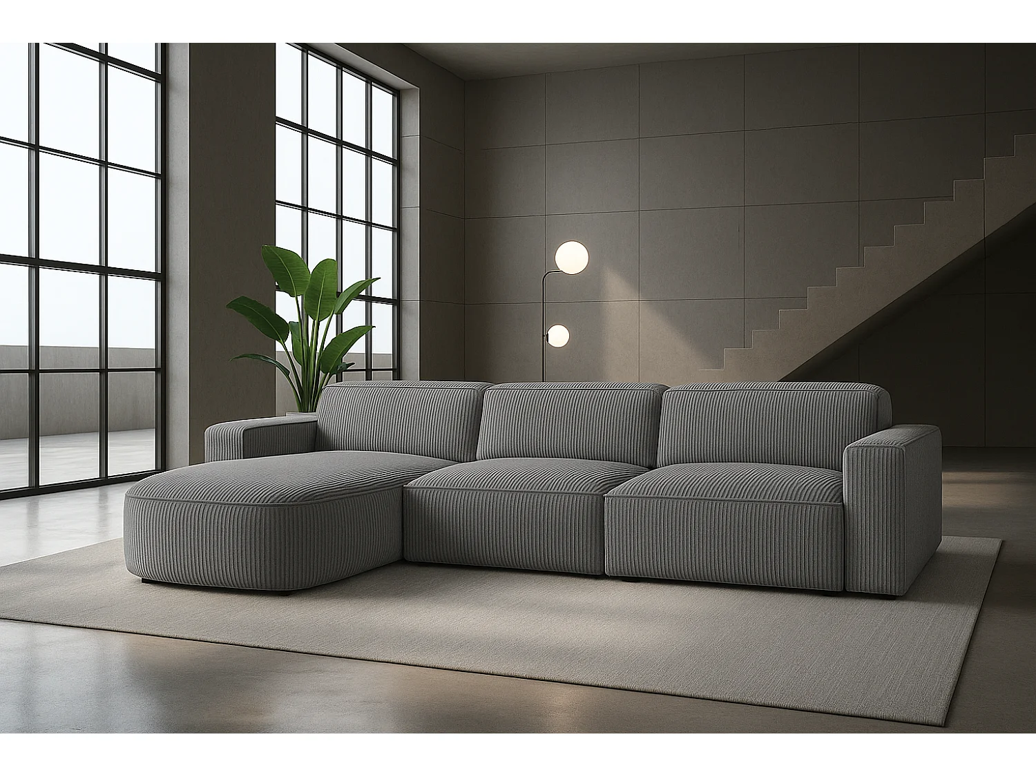 Canapé d'angle en L Round Cursal, tissu Poso, gris, gauche