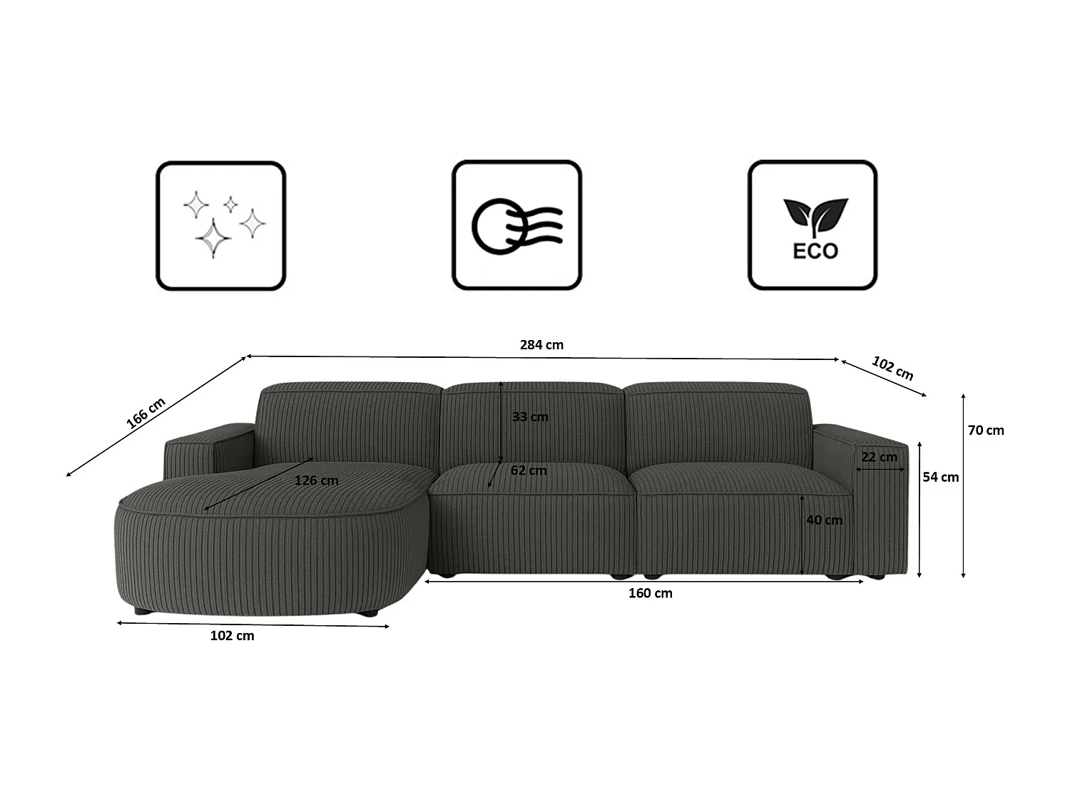 Canapé d'angle en L Round Cursal, tissu Poso, gris, gauche