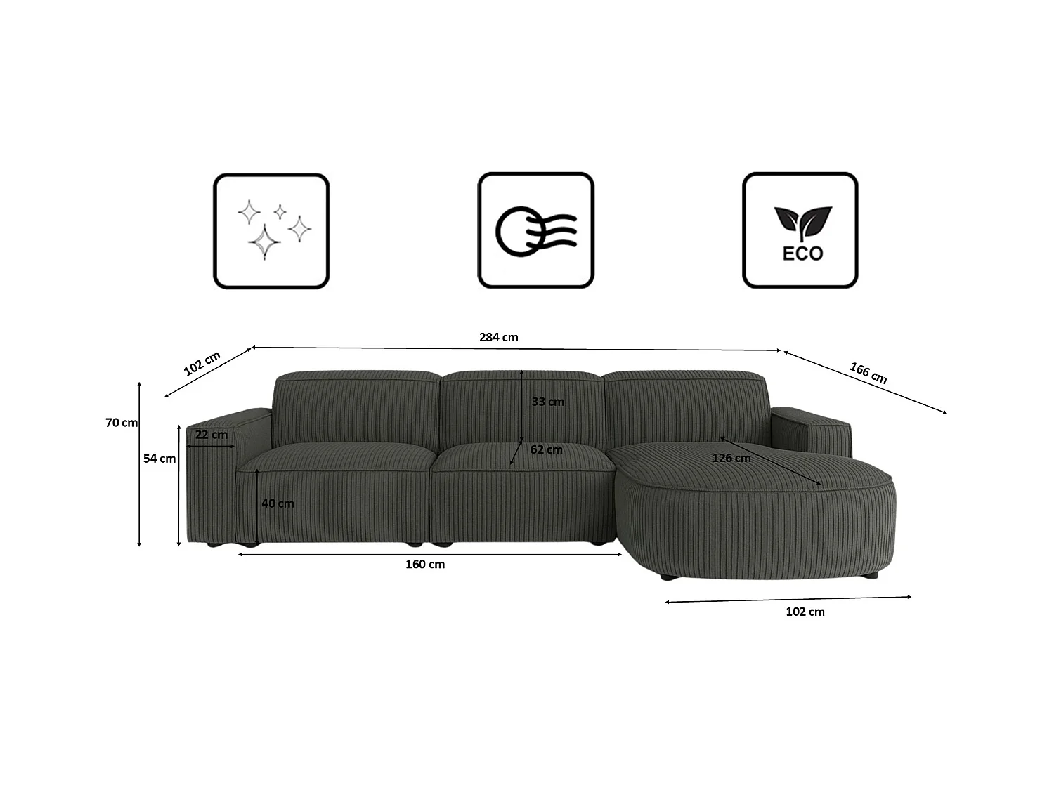 Divano angolare a L Round Cursal, tessuto Poso, grigio, destra