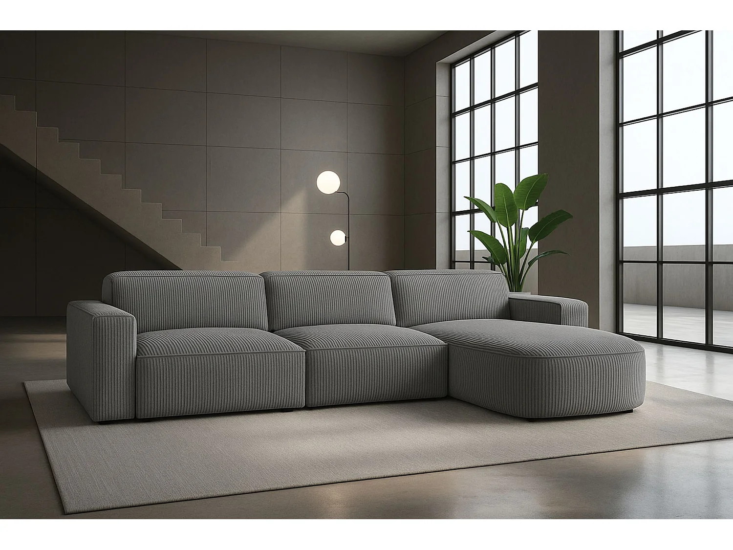 Canapé d'angle en L Round Cursal, tissu Poso, gris, droit