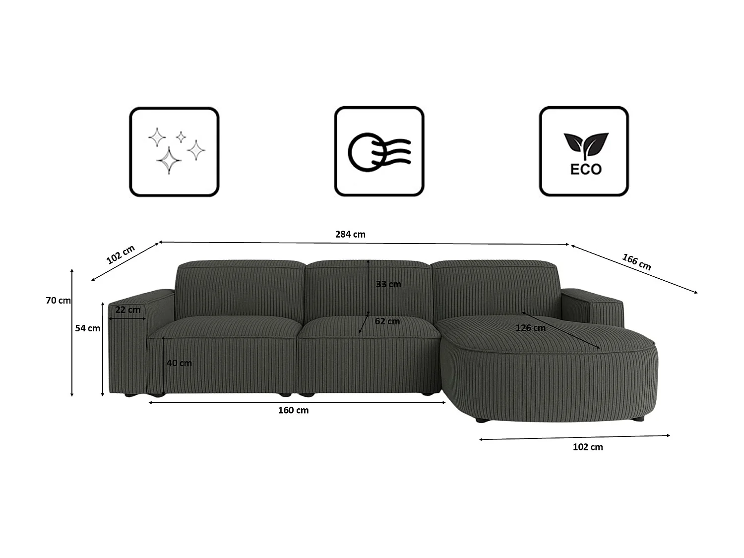 Canapé d'angle en L Round Cursal, tissu Poso, gris, droit