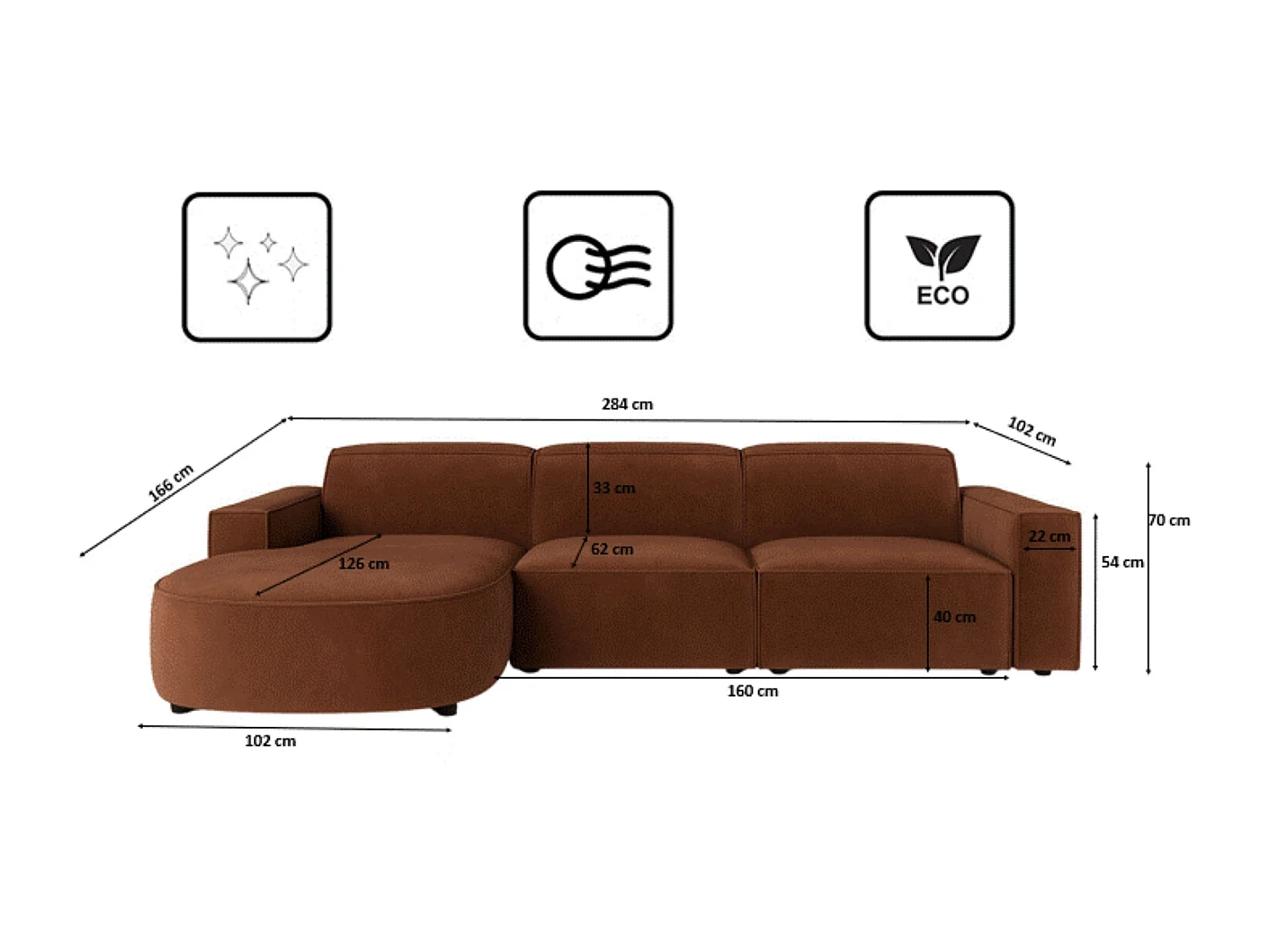 Canapé d'angle en L Round Cursal, tissu Salvador, marron foncé, gauche