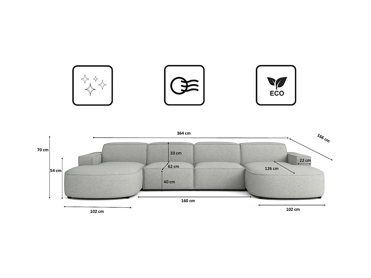Canapé d'angle en U Round Cursal, tissu Artico, Ciment