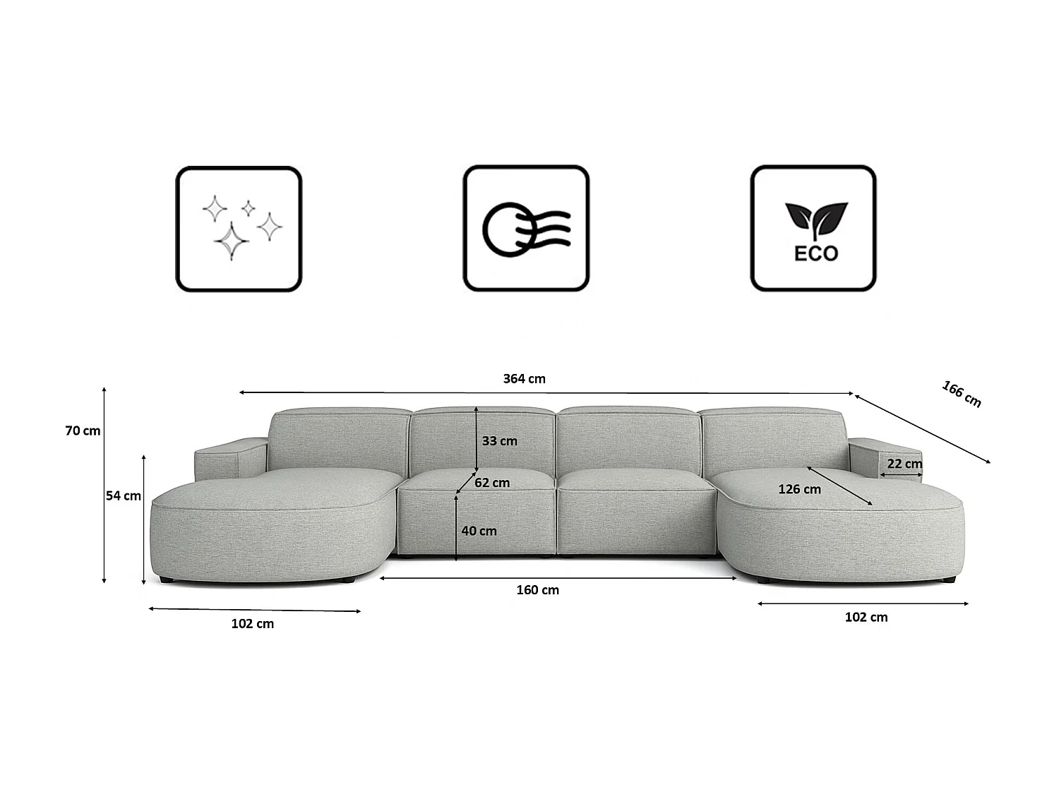 Canapé d'angle en U Round Cursal, tissu Artico, Ciment