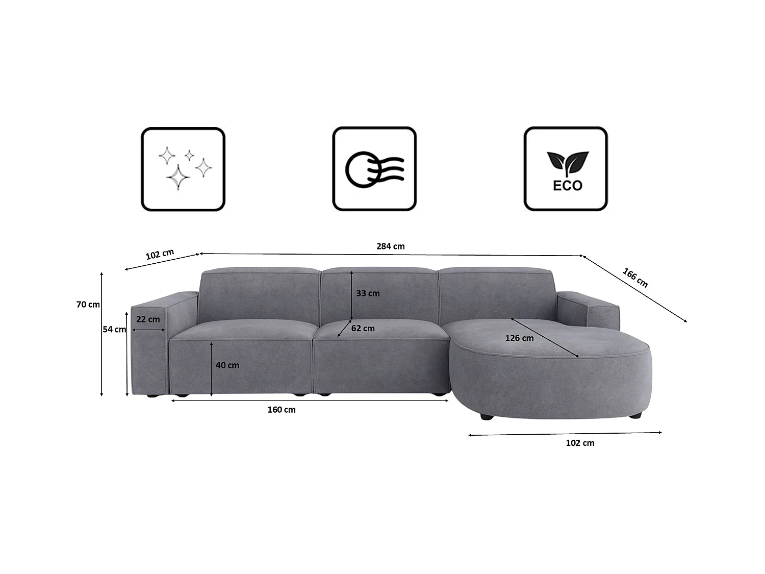 Canapé d'angle en L Round Cursal, tissu Salvador, gris, droit