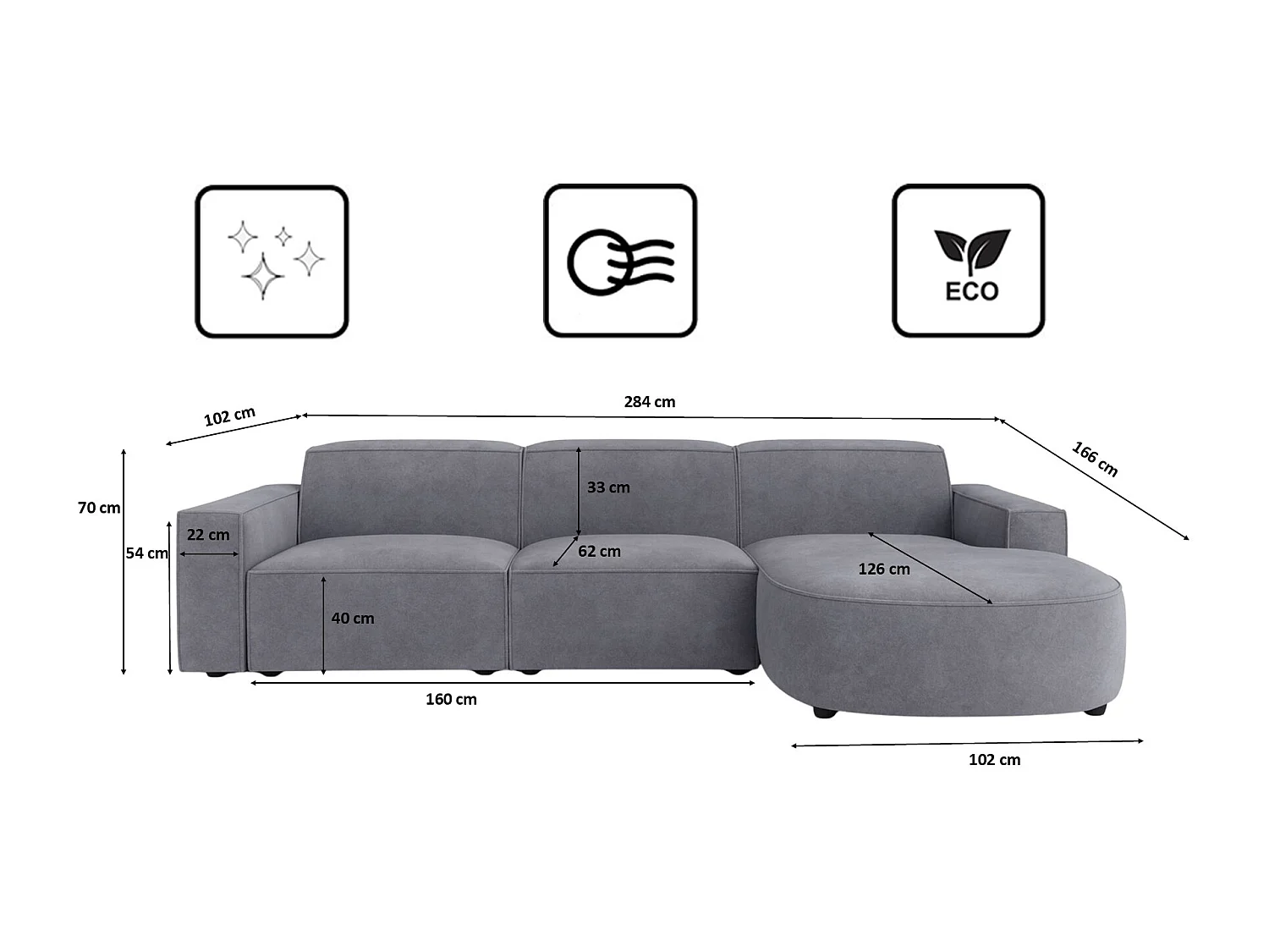 Canapé d'angle en L Round Cursal, tissu Salvador, gris, droit