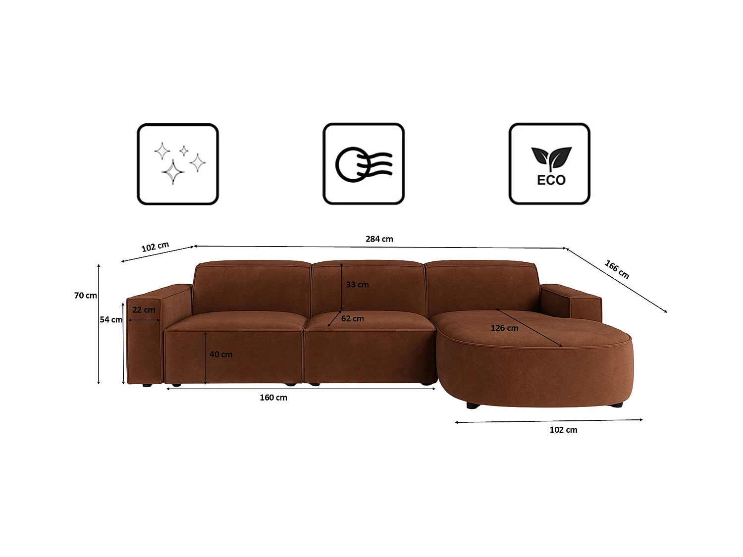 Ecksofa L-Form Round Cursal, Stoff Salvador, Dunkelbraun, Rechts