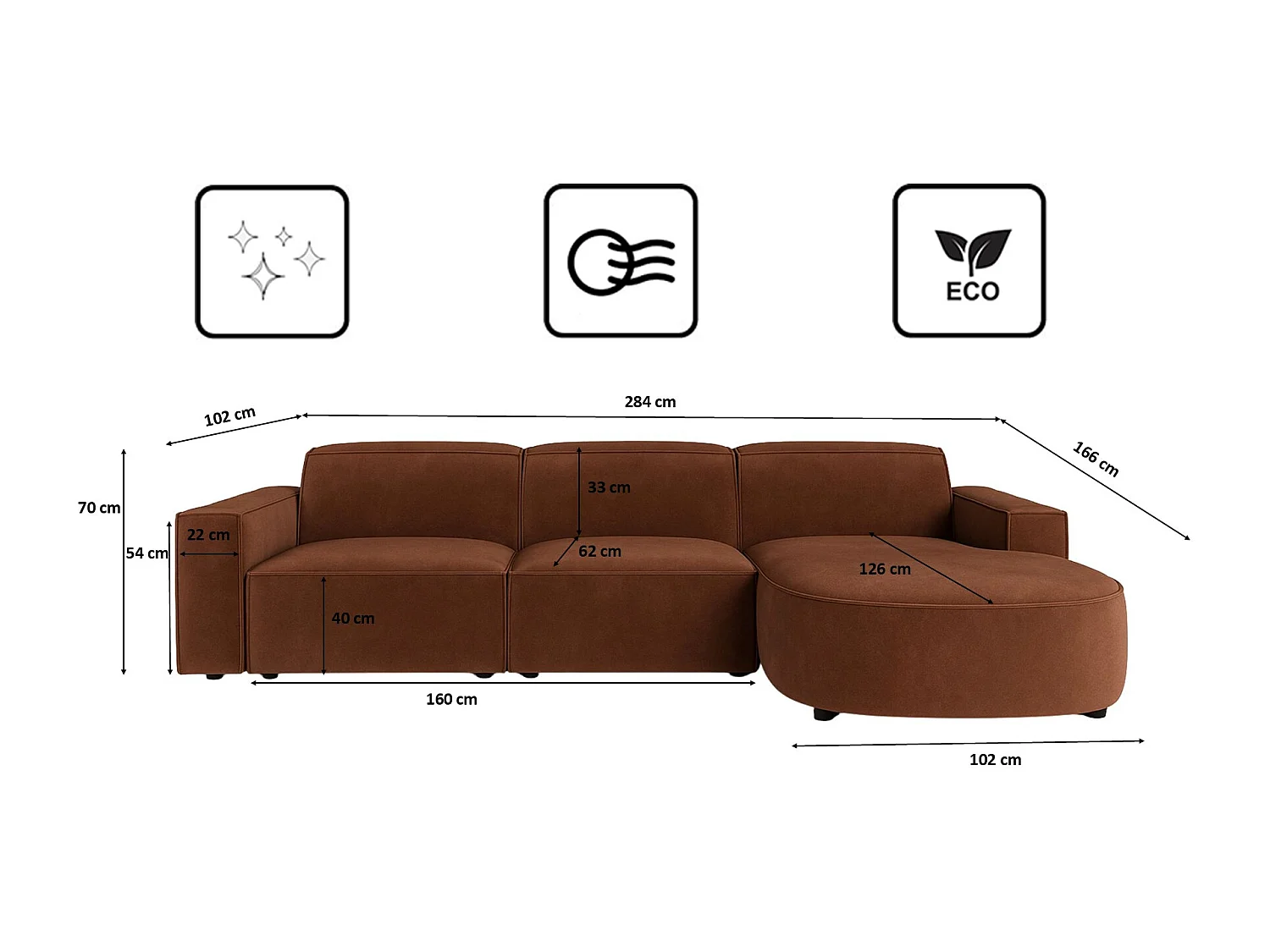 Canapé d'angle en L Round Cursal, tissu Salvador, marron foncé, droit